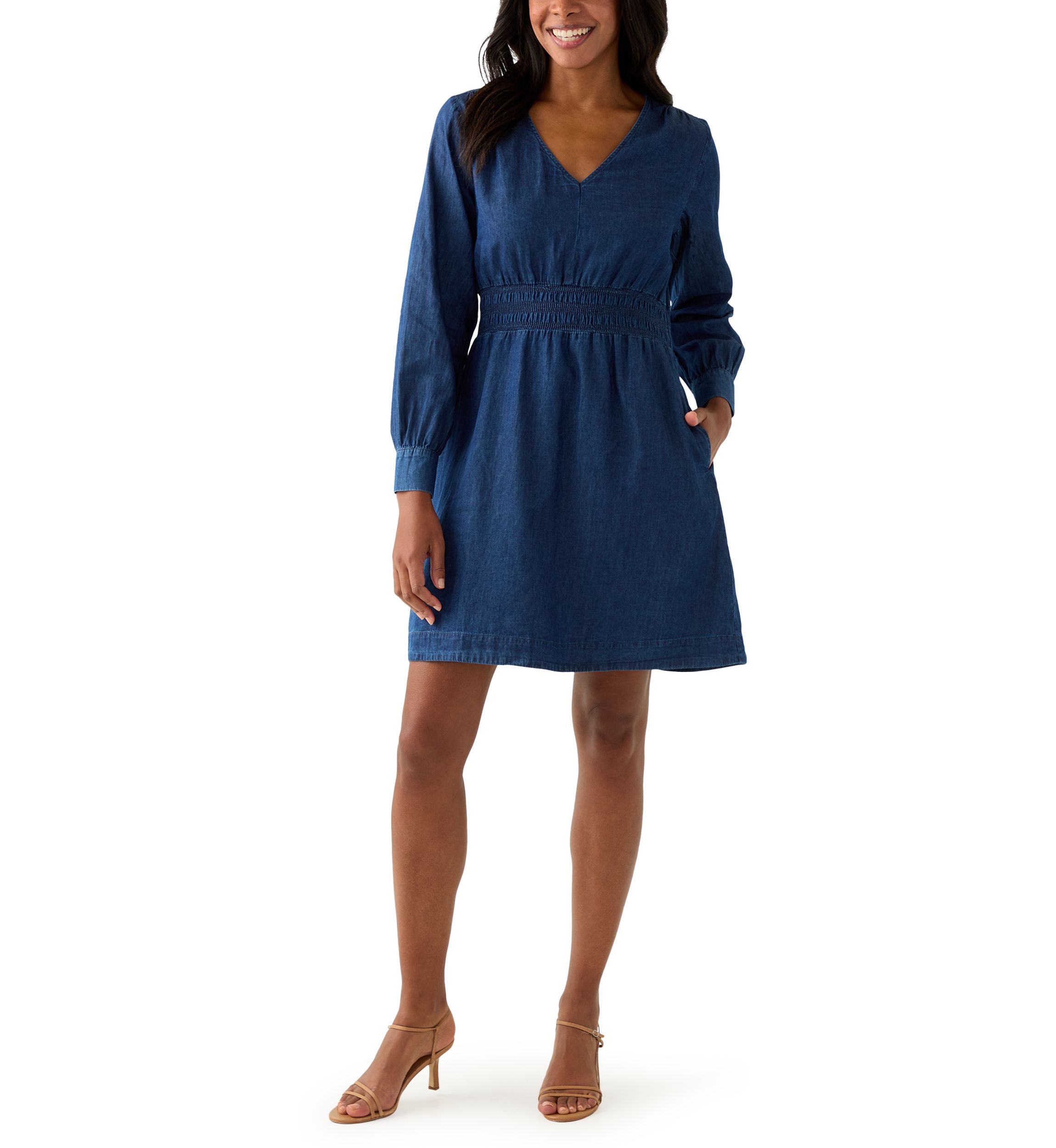 Womens Long Sleeve Smocked Denim Dress