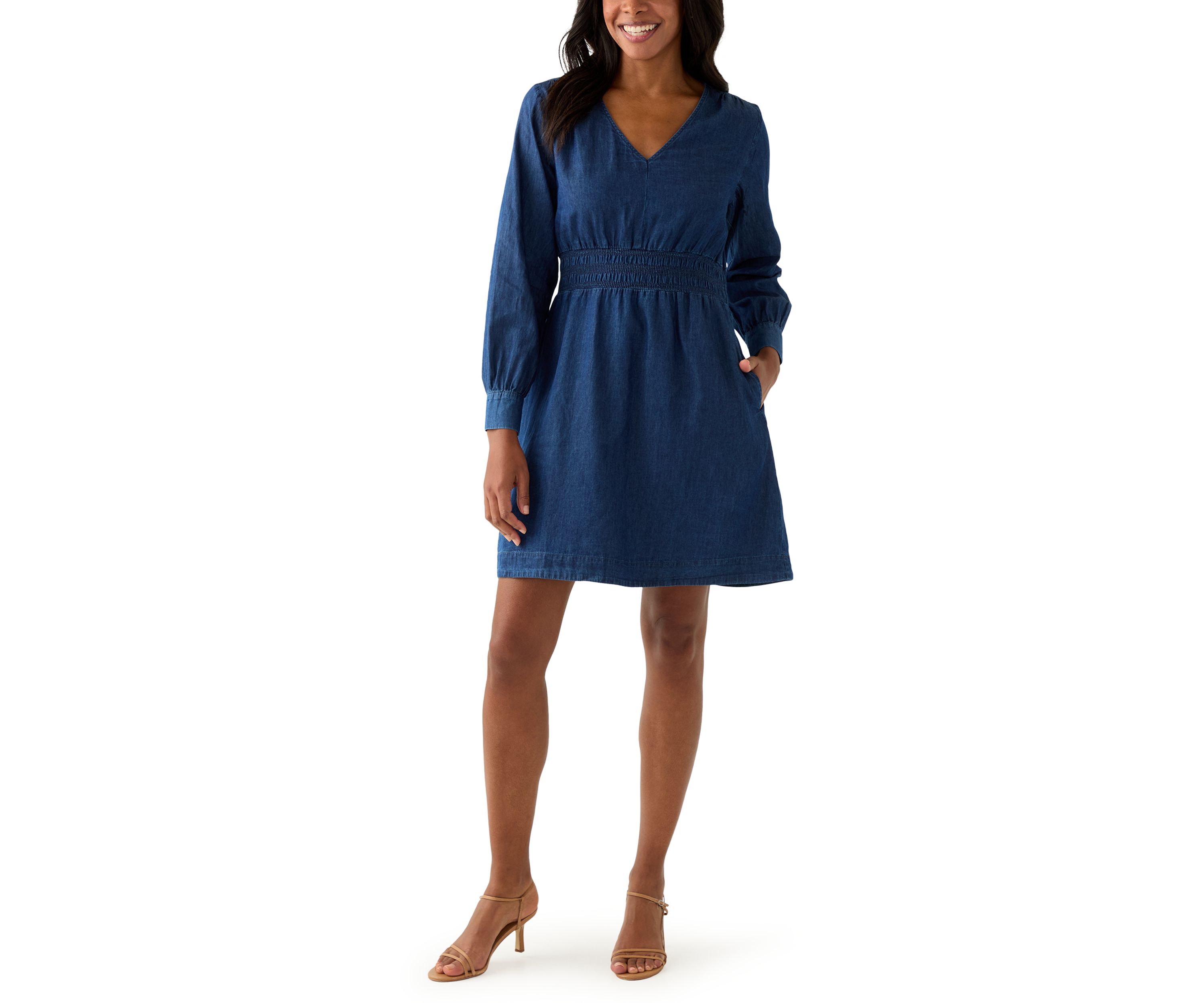 Womens Long Sleeve Smocked Denim Dress
