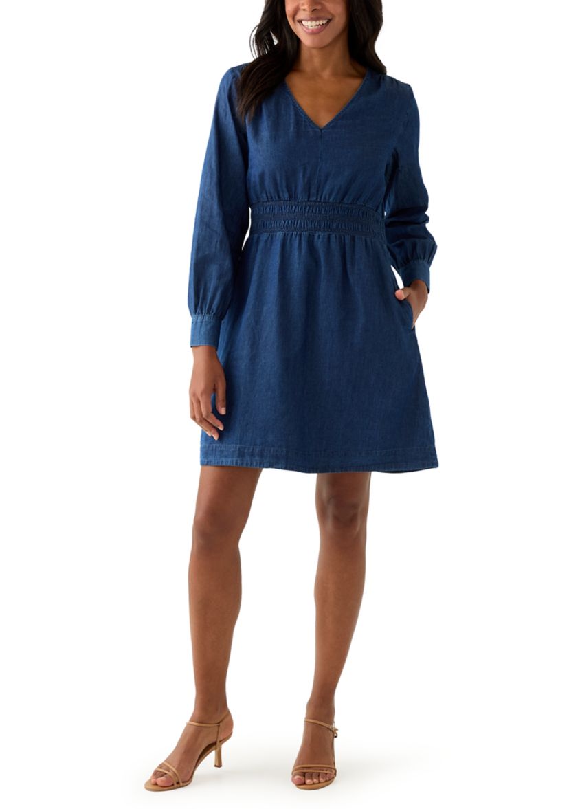 Womens Long Sleeve Smocked Denim Dress