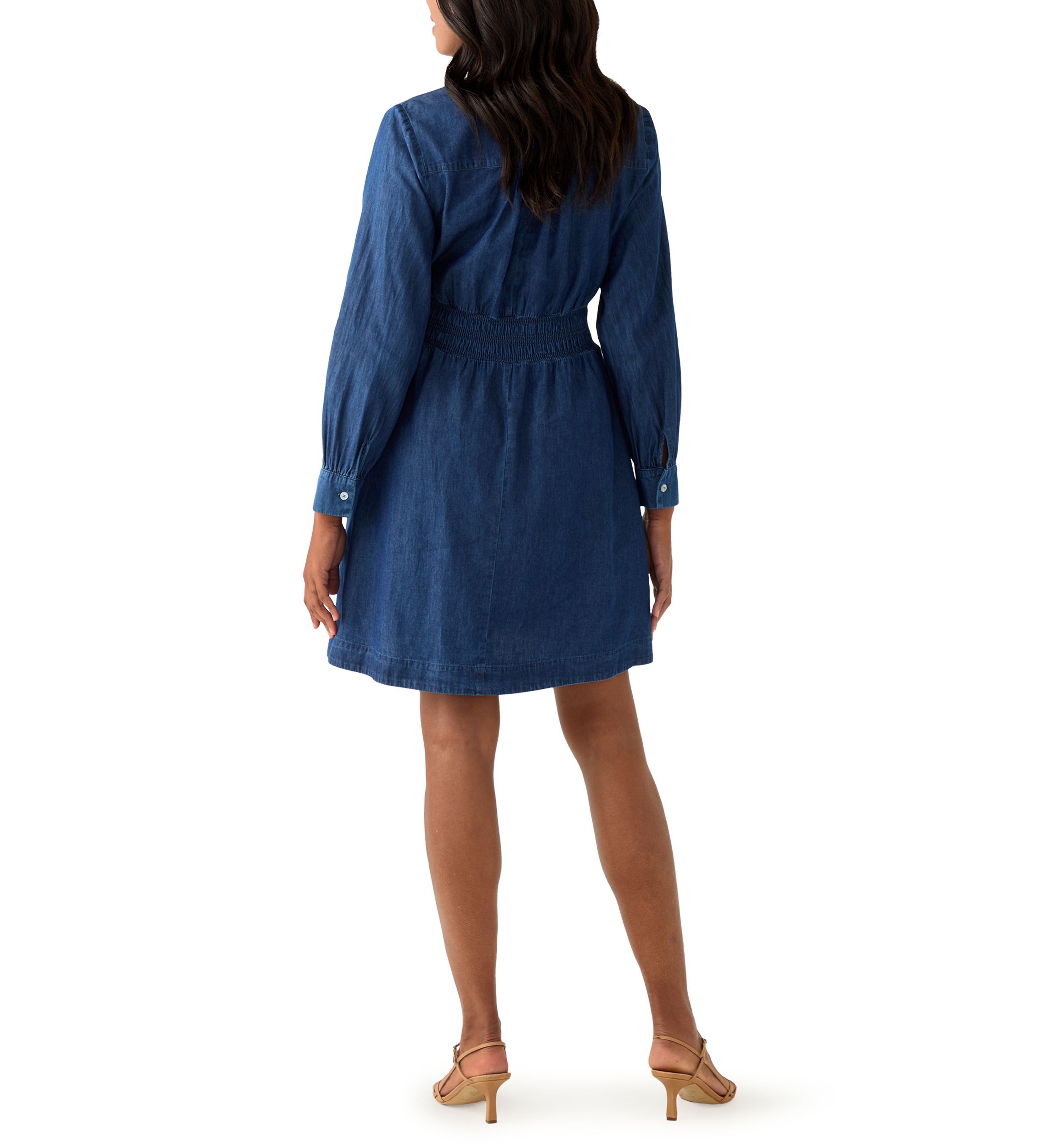 Womens Long Sleeve Smocked Denim Dress