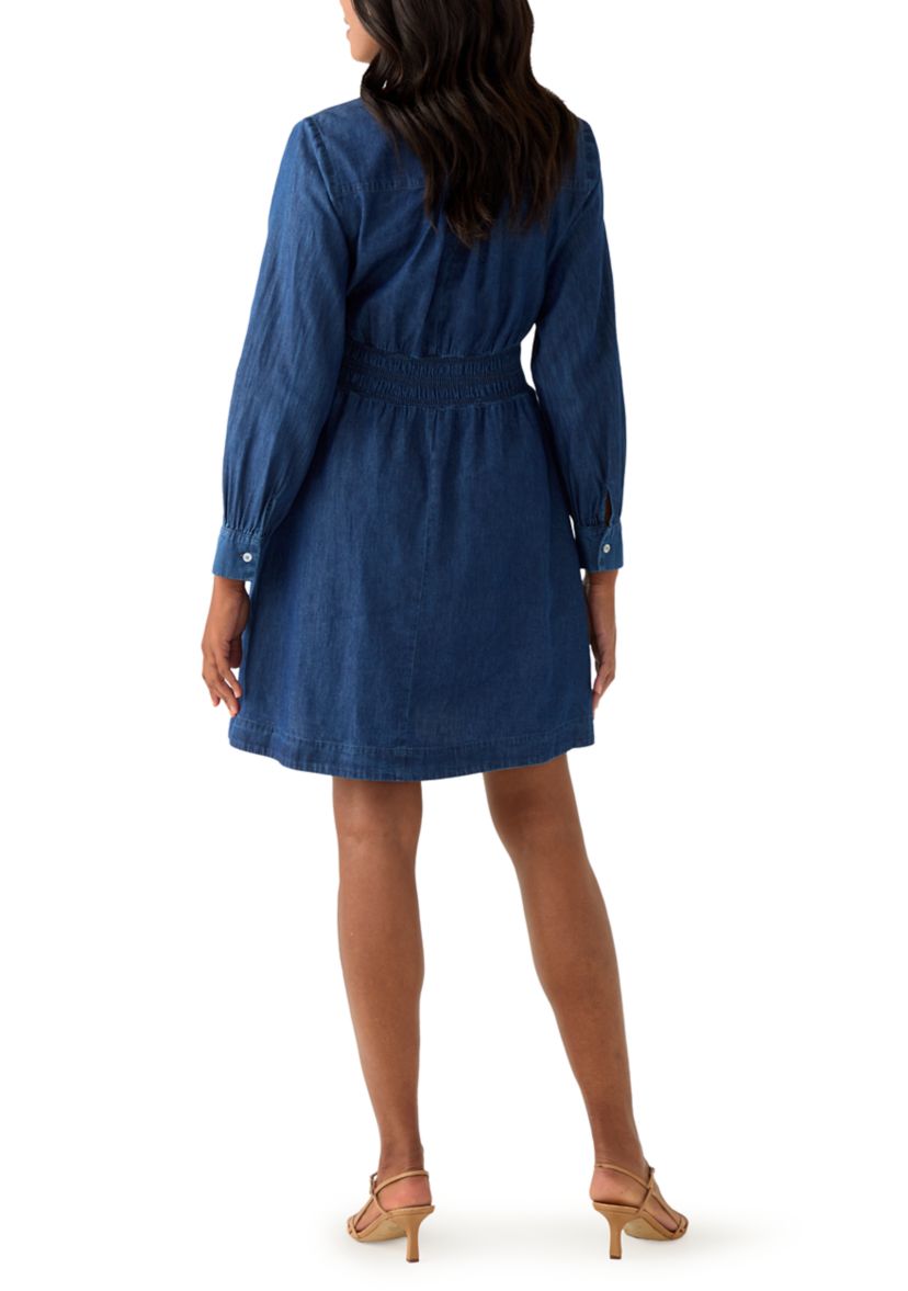Womens Long Sleeve Smocked Denim Dress