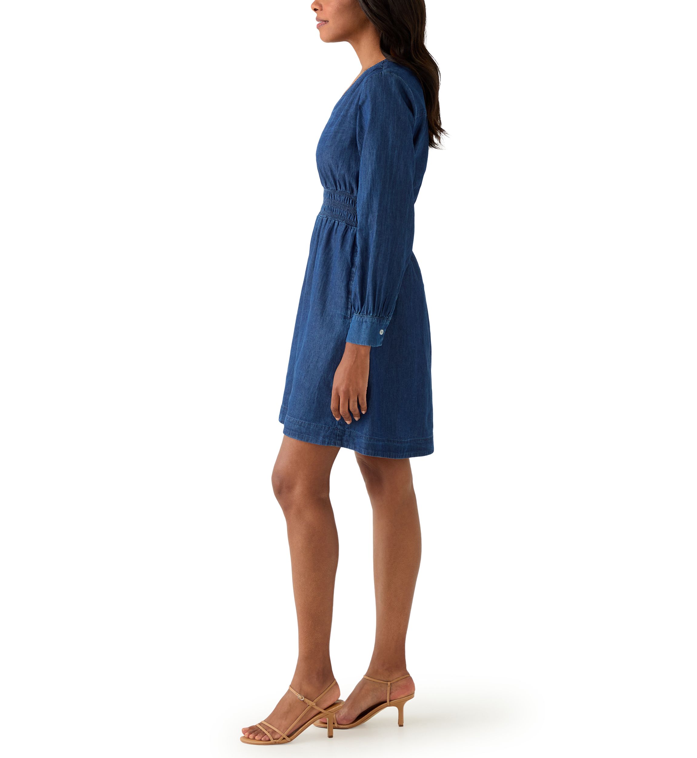Womens Long Sleeve Smocked Denim Dress