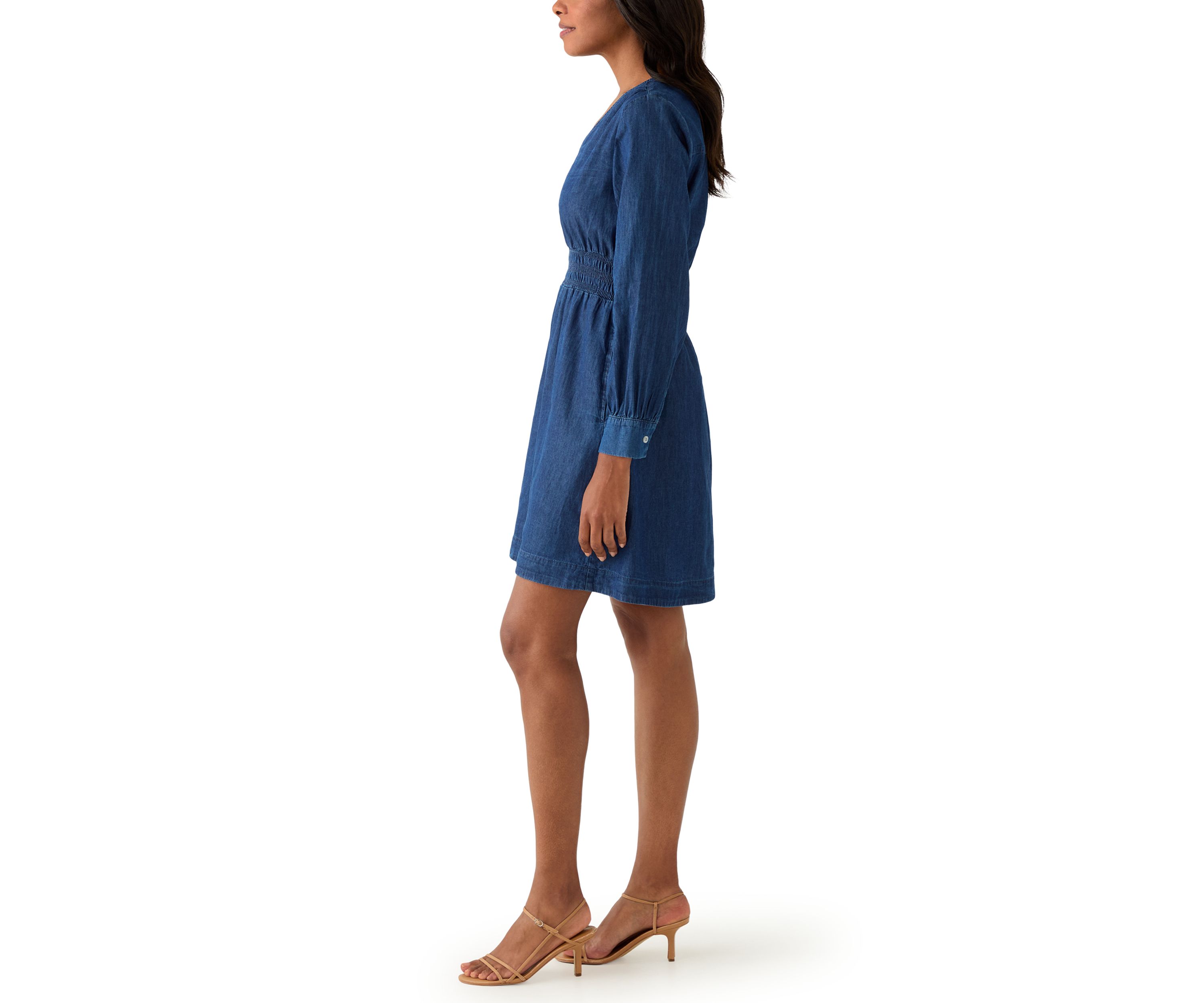 Womens Long Sleeve Smocked Denim Dress