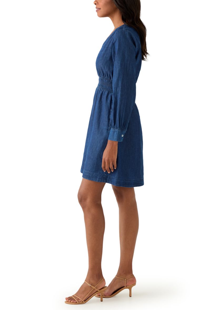 Womens Long Sleeve Smocked Denim Dress