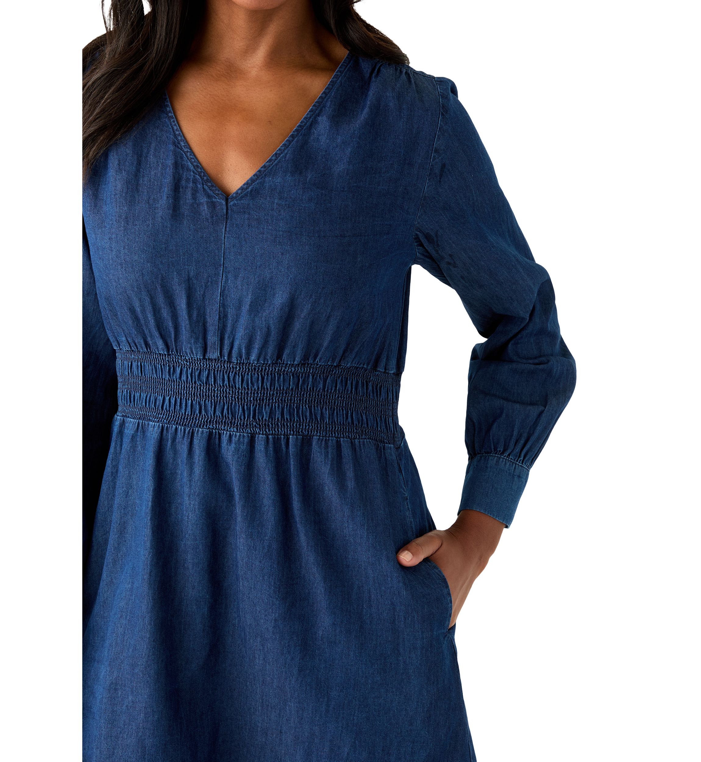 Womens Long Sleeve Smocked Denim Dress