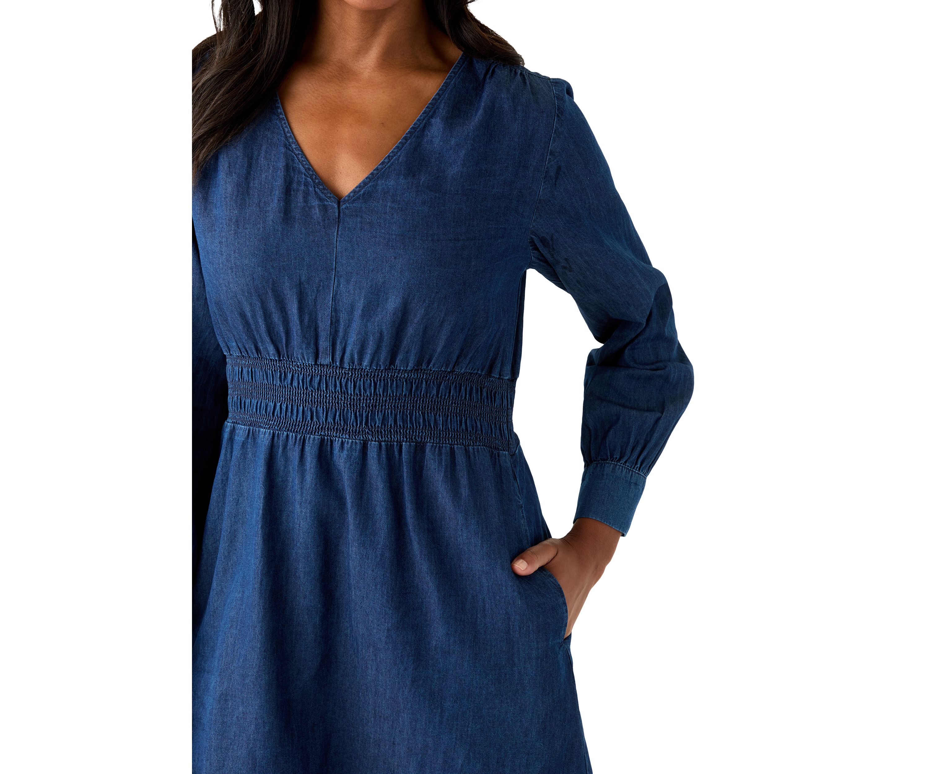 Womens Long Sleeve Smocked Denim Dress
