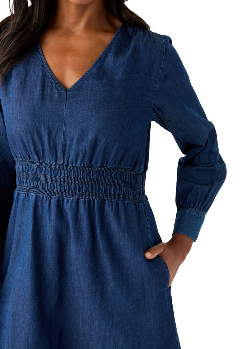 Womens Long Sleeve Smocked Denim Dress