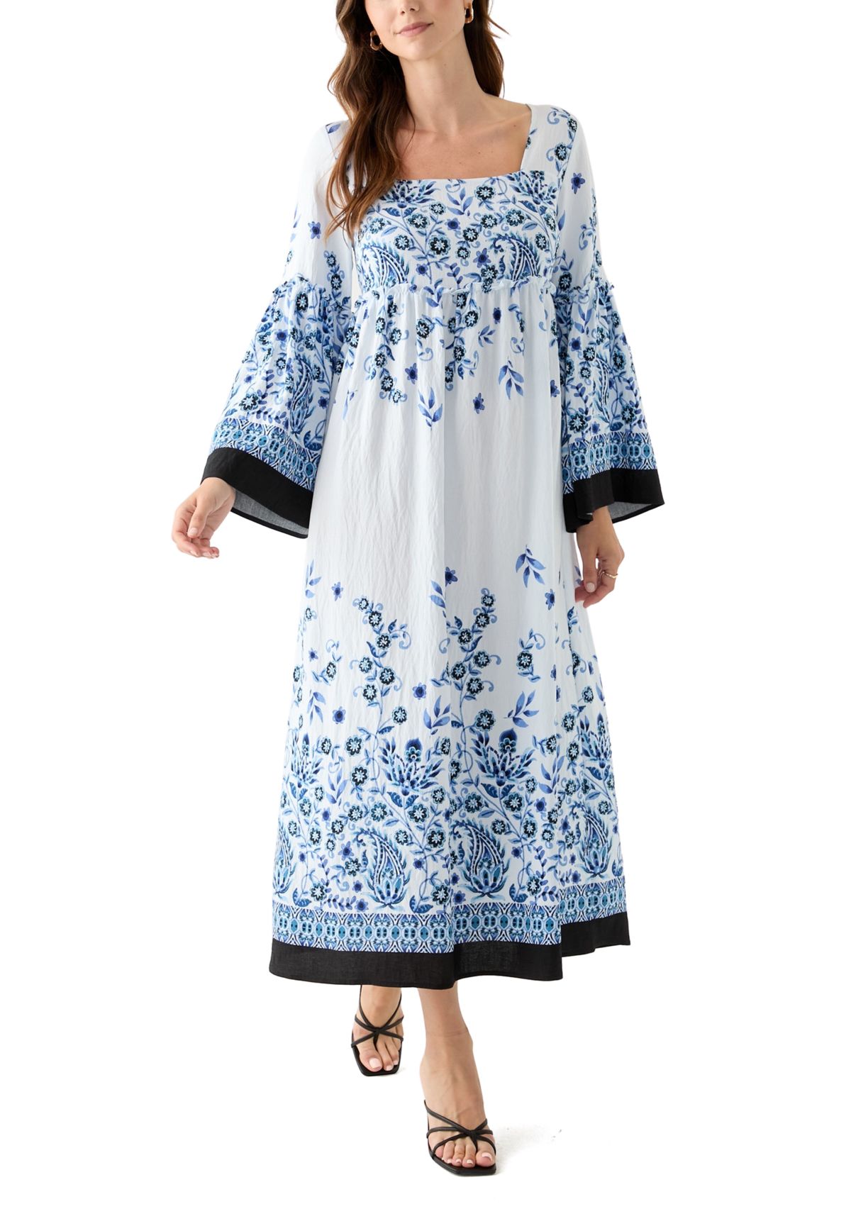 Womens Long Bell Sleeve Floral Maxi Dress