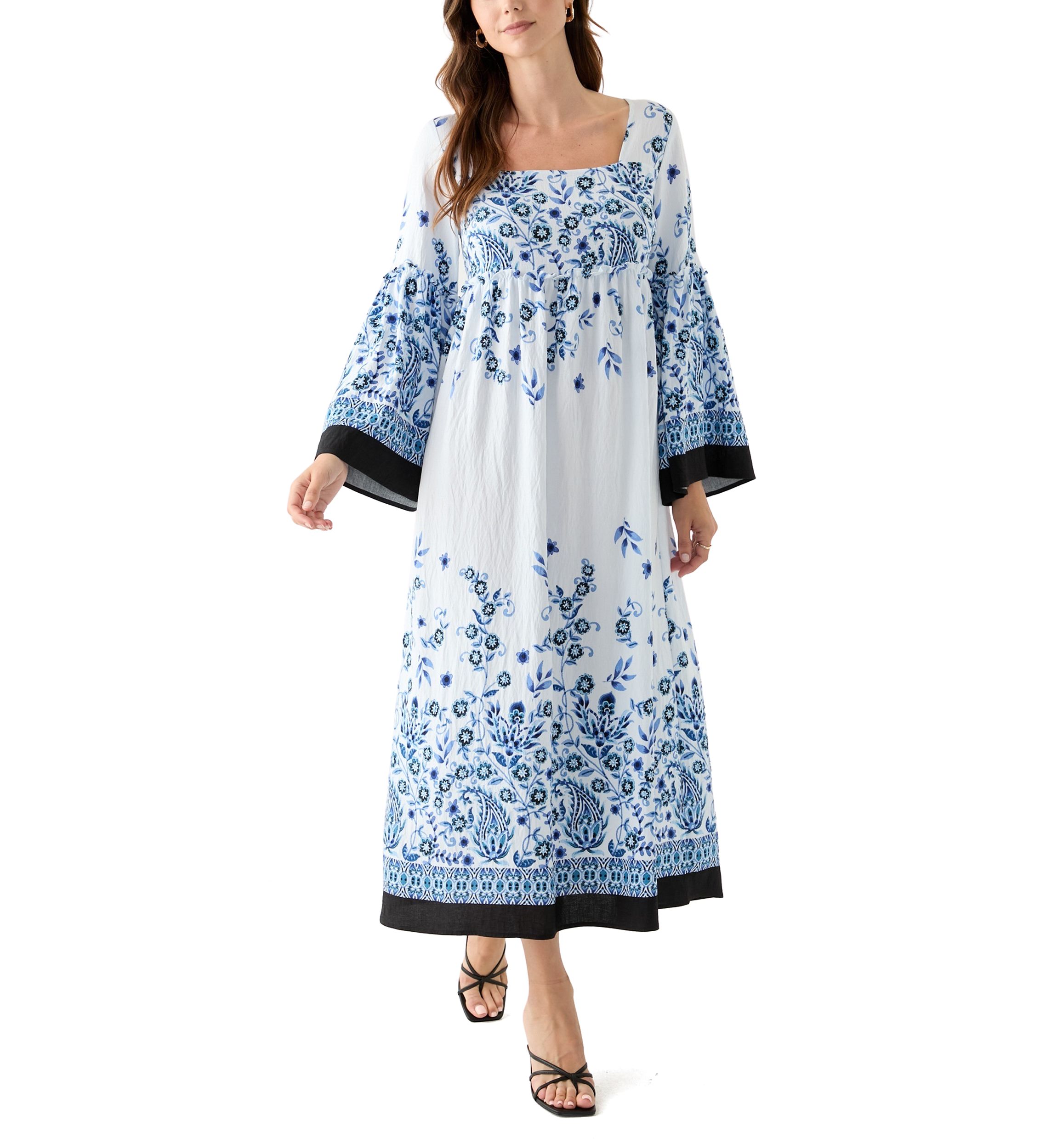 Womens Long Bell Sleeve Floral Maxi Dress