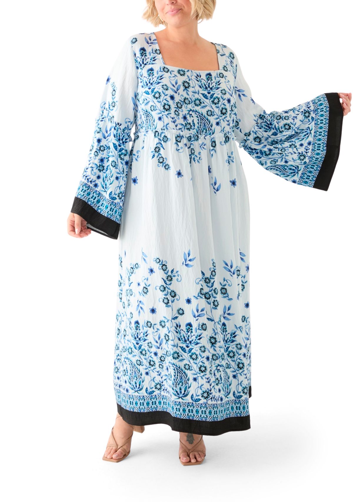 Plus Size Bell Sleeve Square Neck Floral Print Maxi Dress