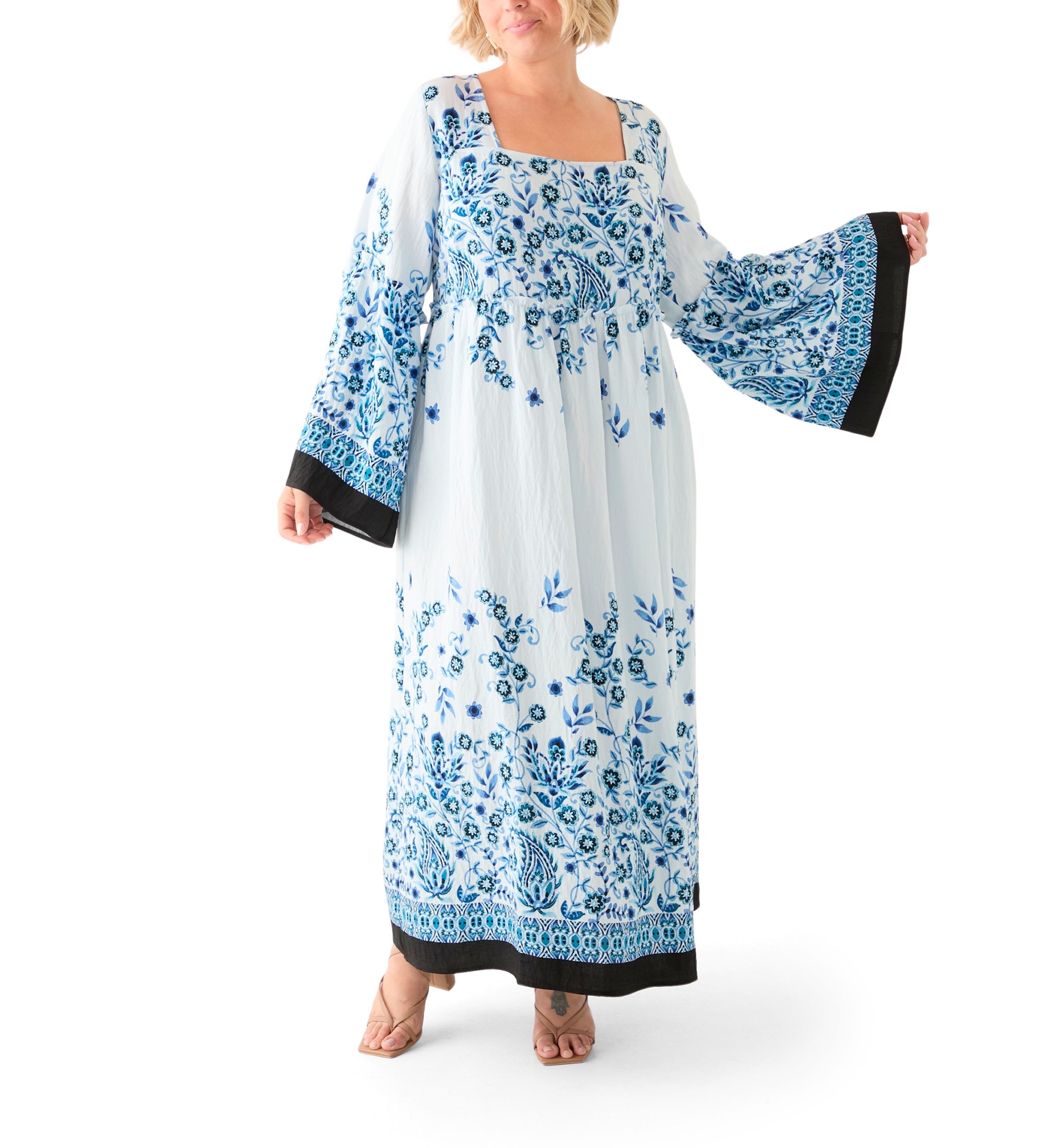 Plus Size Bell Sleeve Square Neck Floral Print Maxi Dress