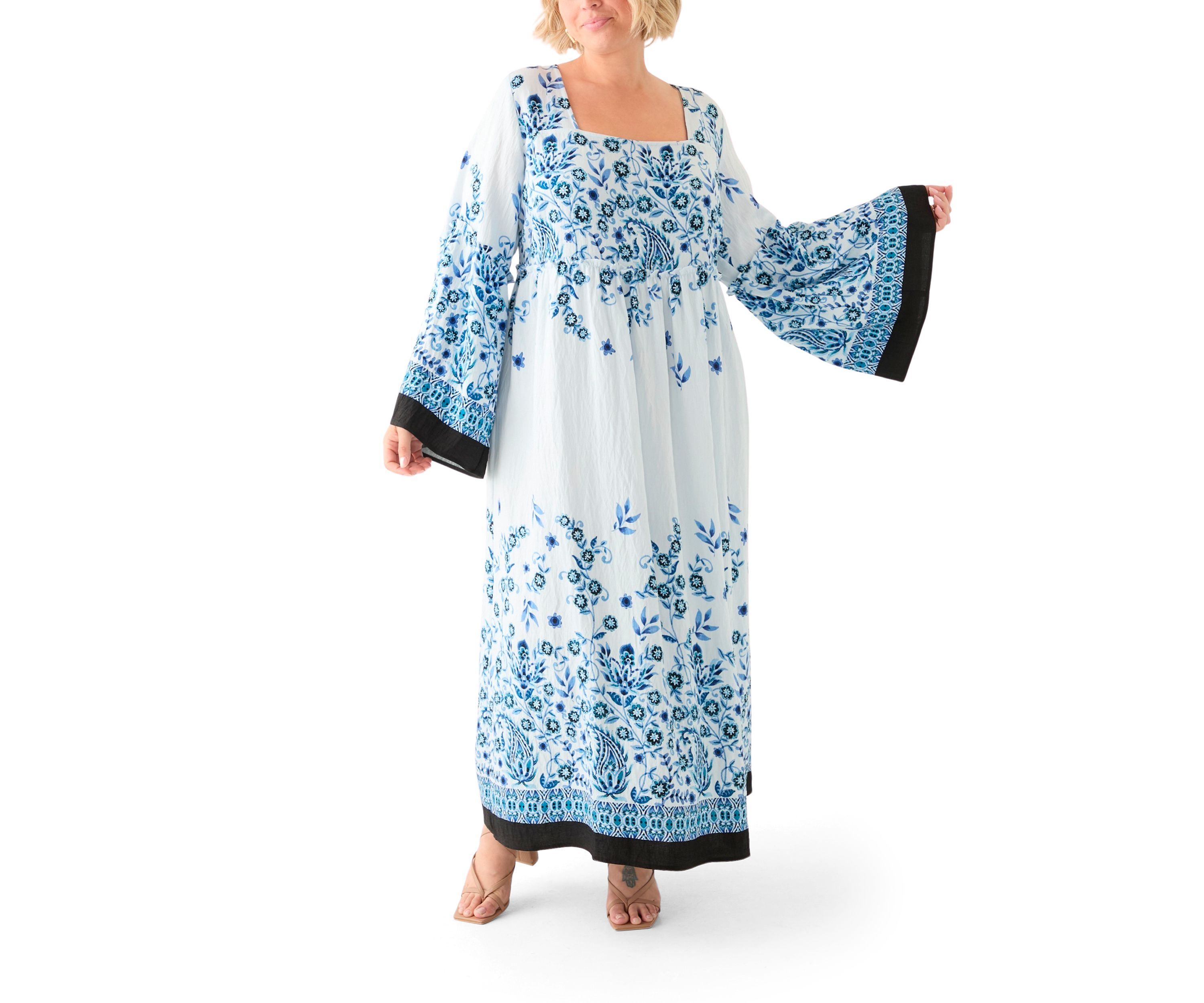Plus Size Bell Sleeve Square Neck Floral Print Maxi Dress