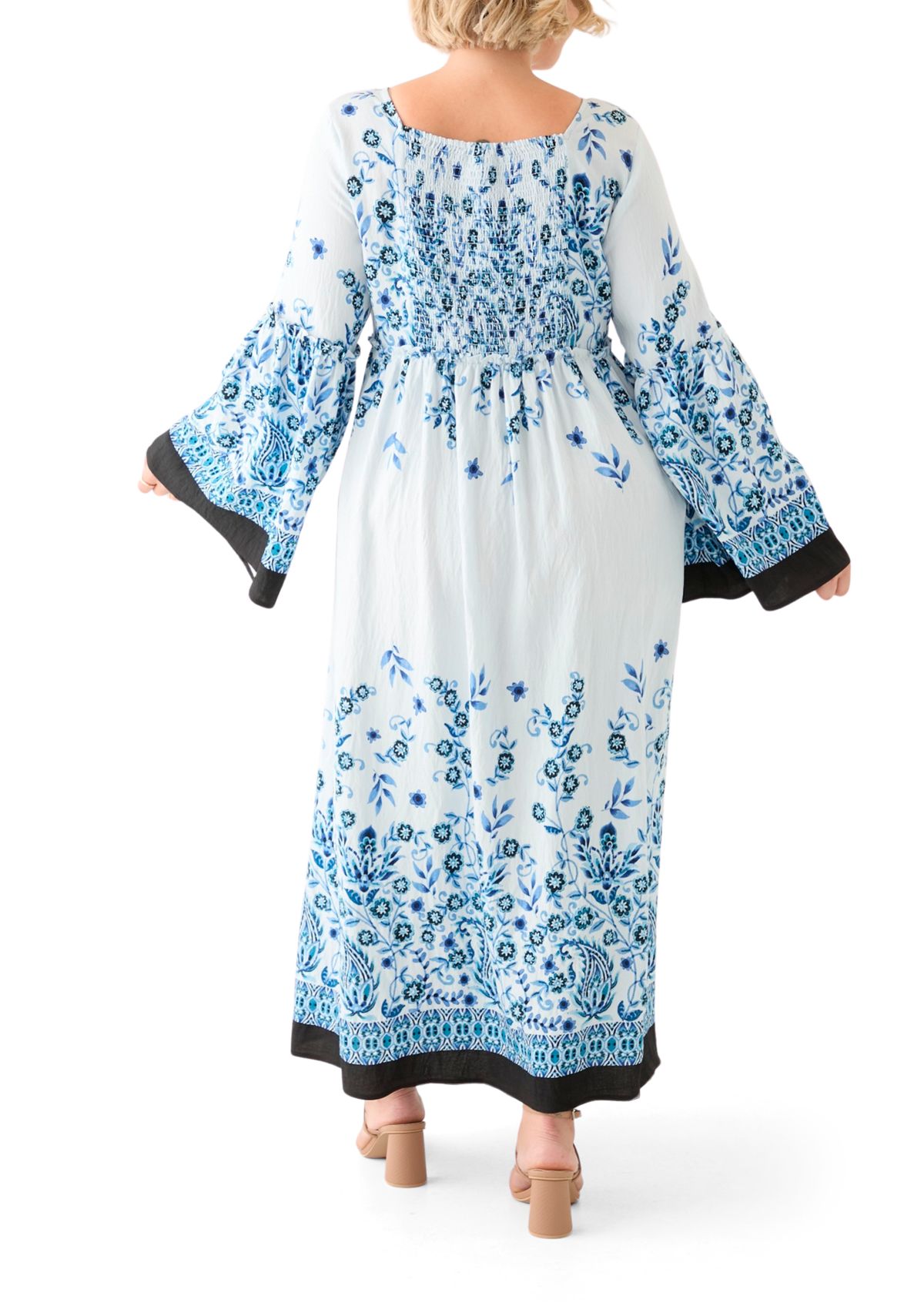 Plus Size Bell Sleeve Square Neck Floral Print Maxi Dress