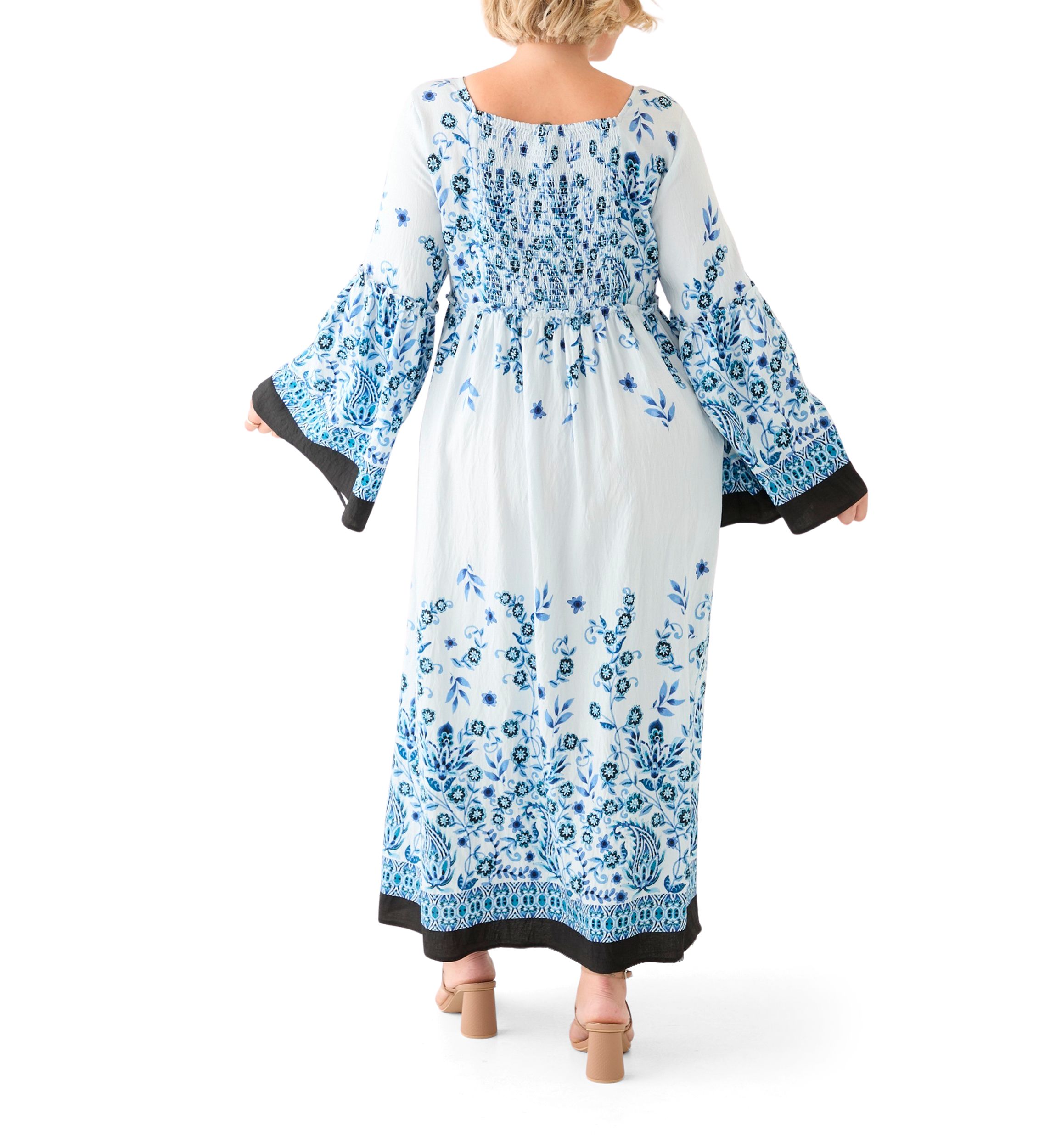 Plus Size Bell Sleeve Square Neck Floral Print Maxi Dress
