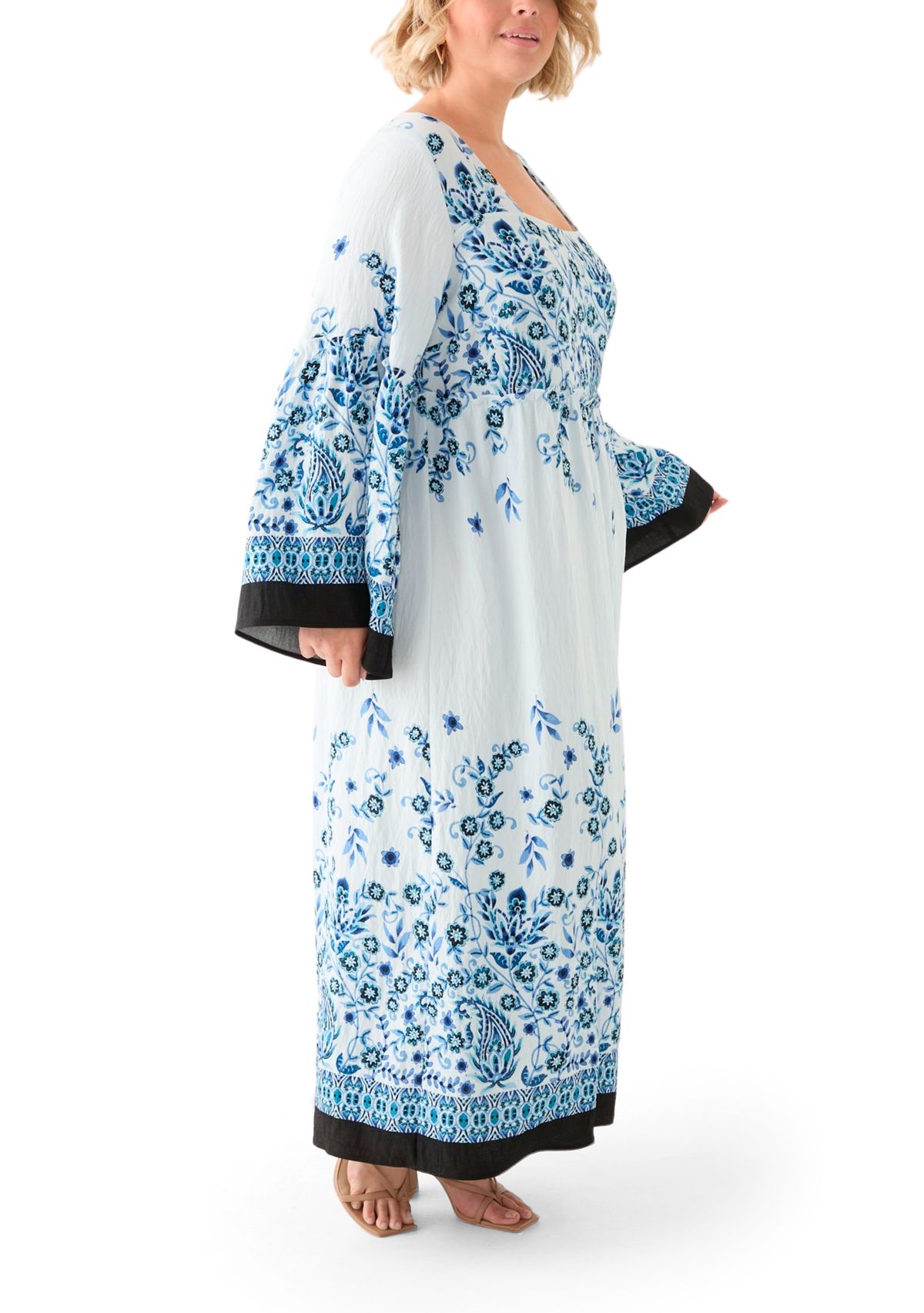 Plus Size Bell Sleeve Square Neck Floral Print Maxi Dress