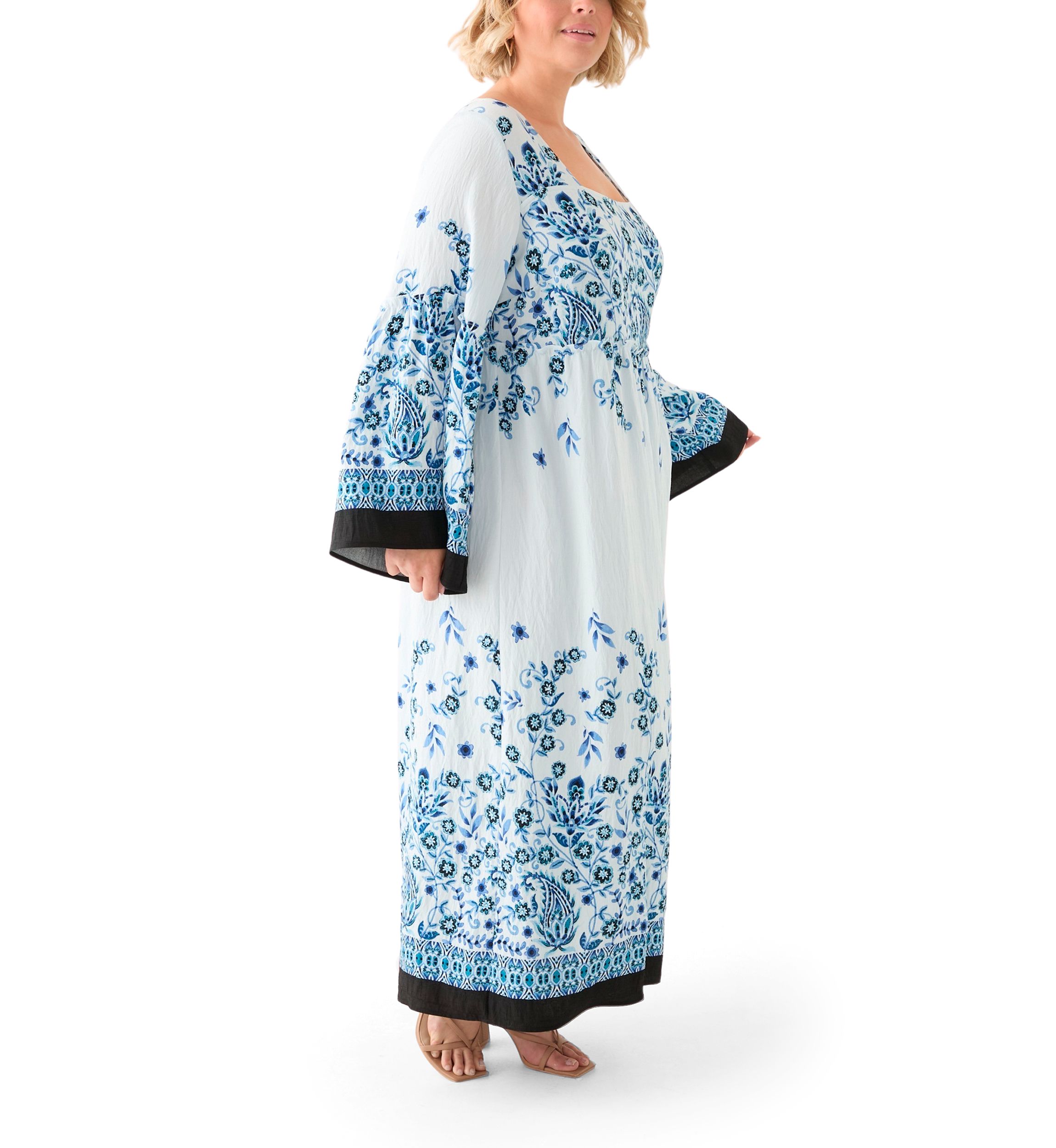 Plus Size Bell Sleeve Square Neck Floral Print Maxi Dress