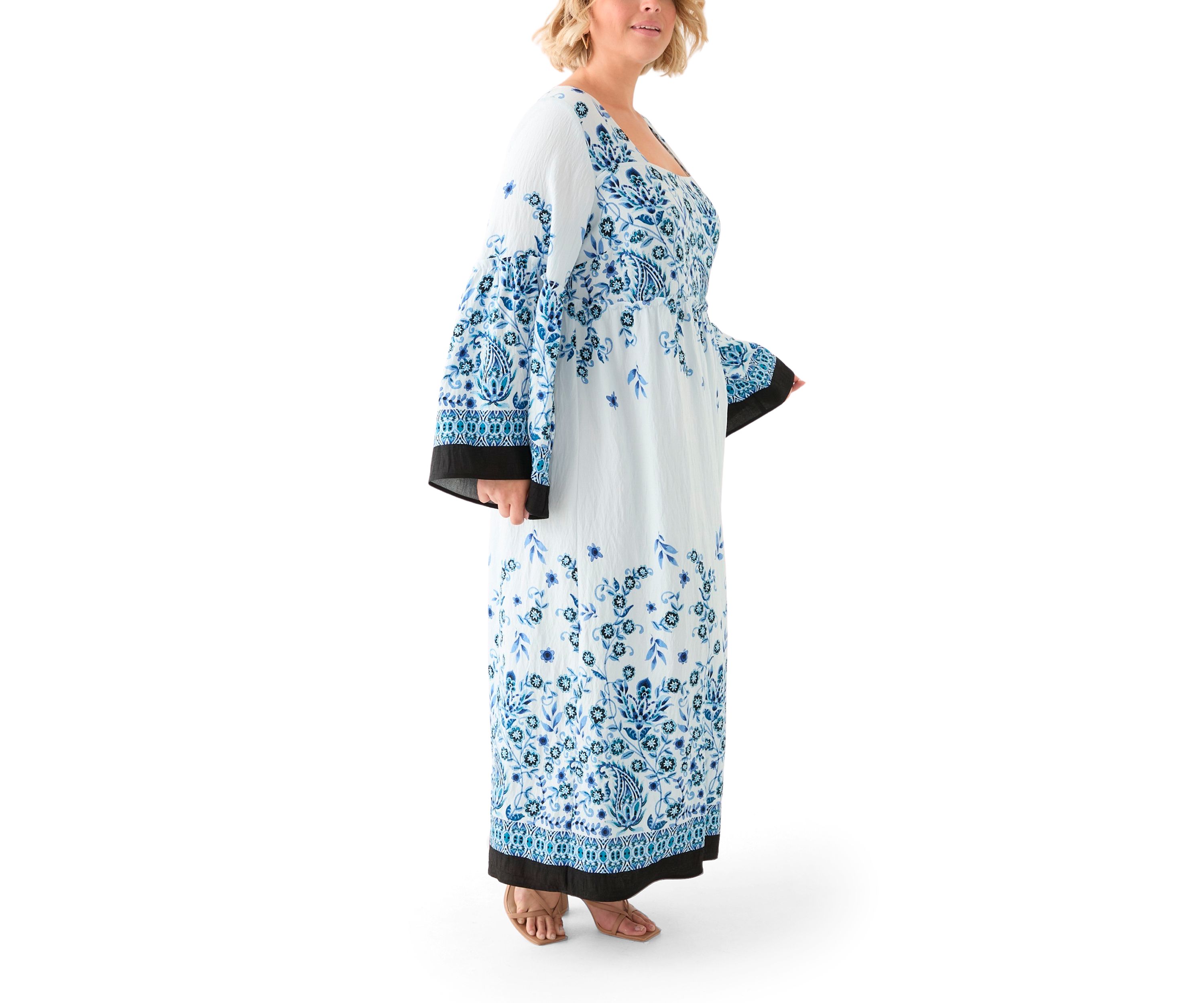 Plus Size Bell Sleeve Square Neck Floral Print Maxi Dress
