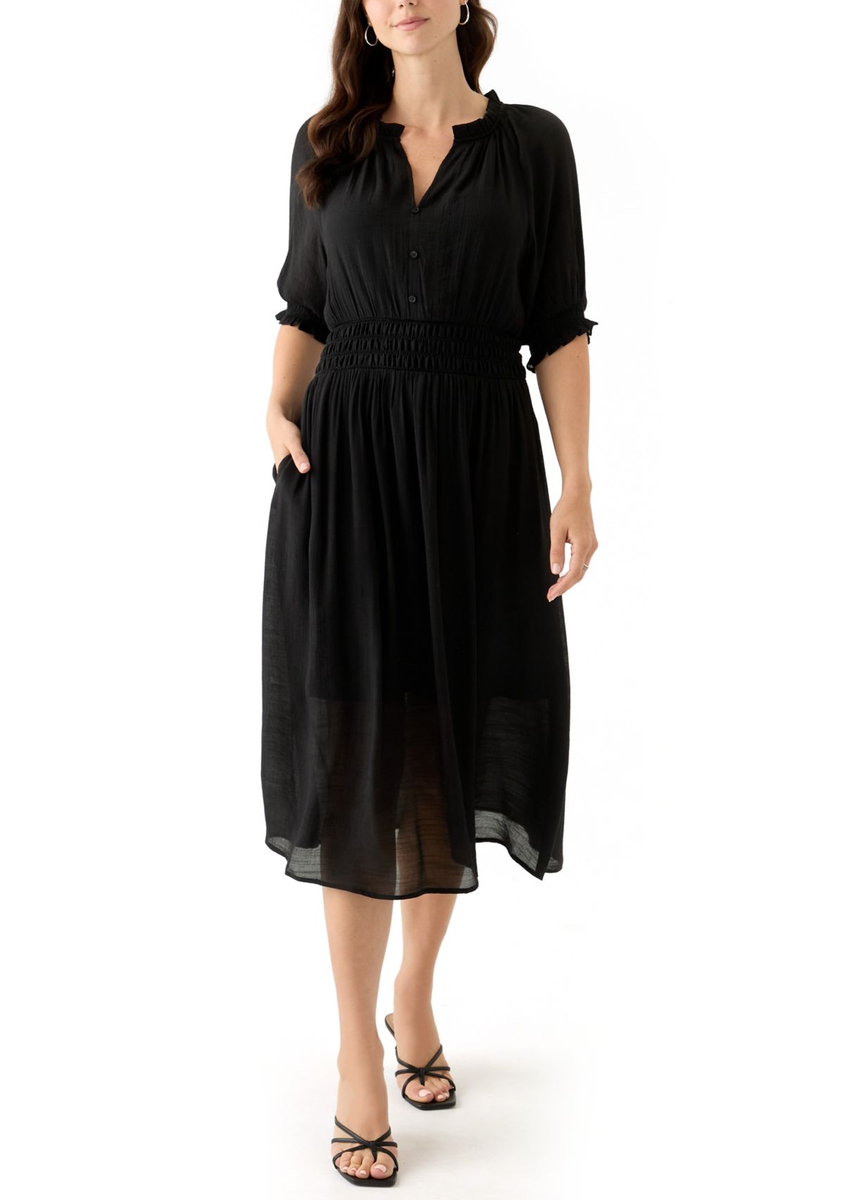 Womens Elbow Sleeve V-Neck Solid Midi Dress