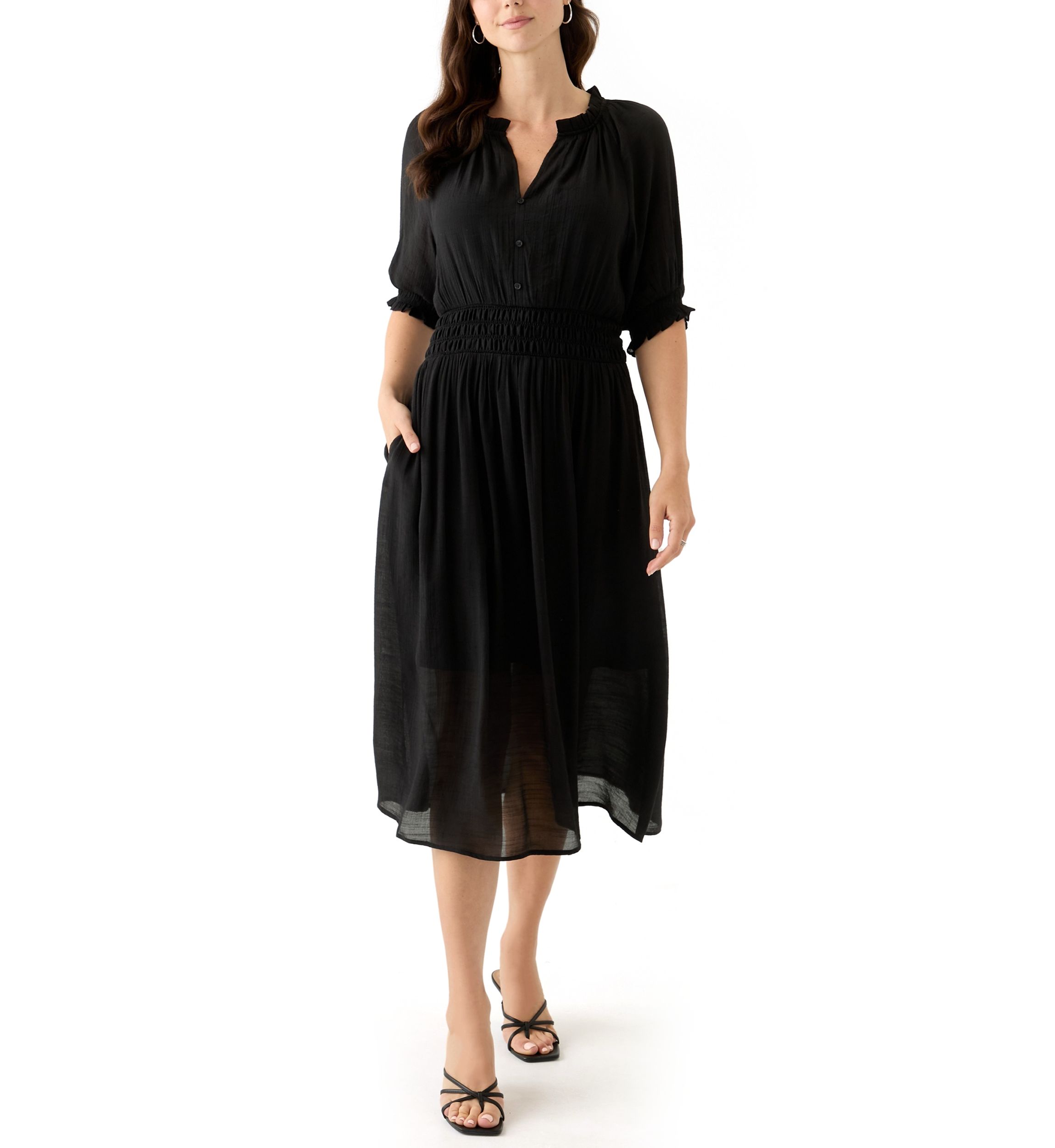 Womens Elbow Sleeve V-Neck Solid Midi Dress