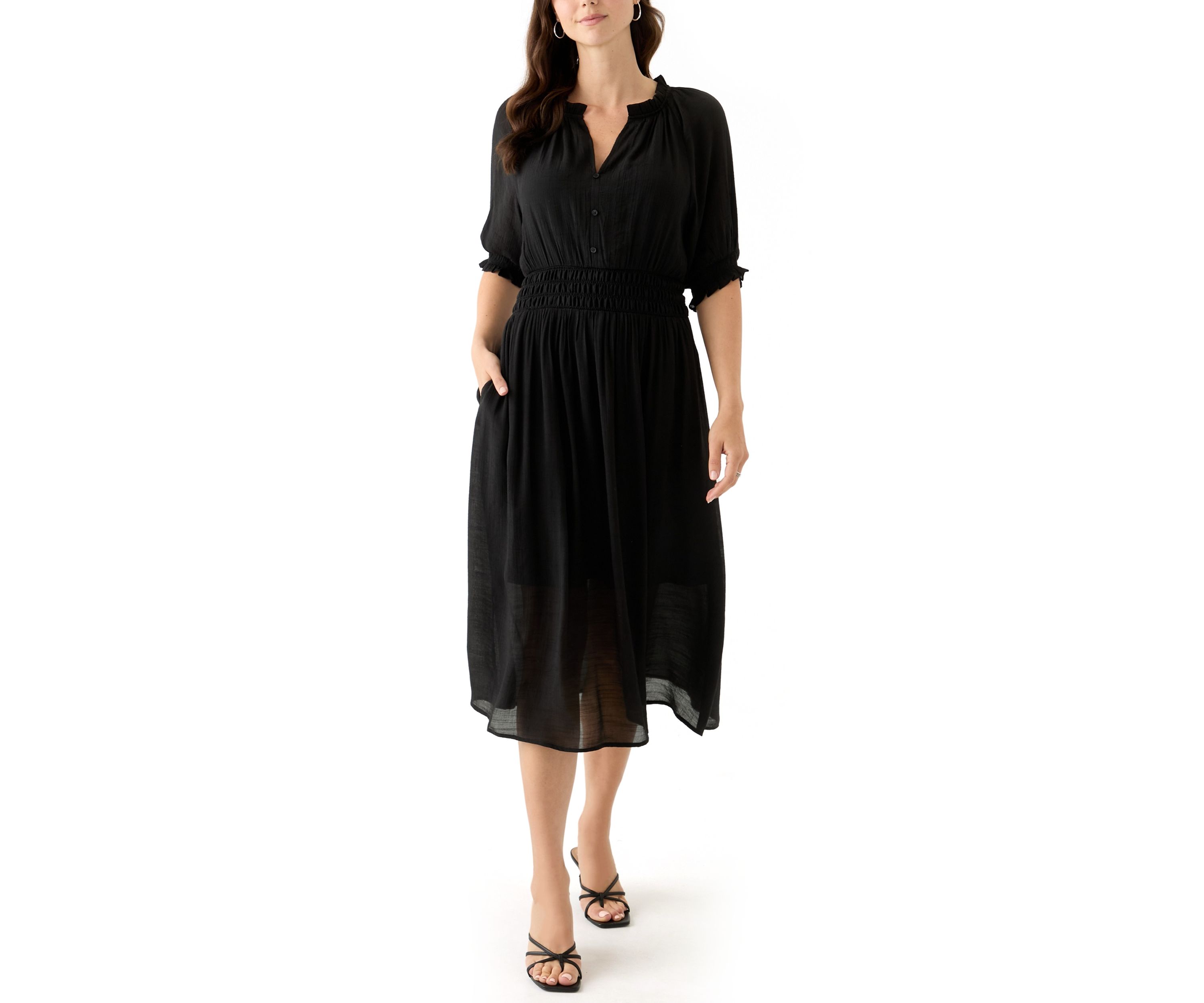 Womens Elbow Sleeve V-Neck Solid Midi Dress