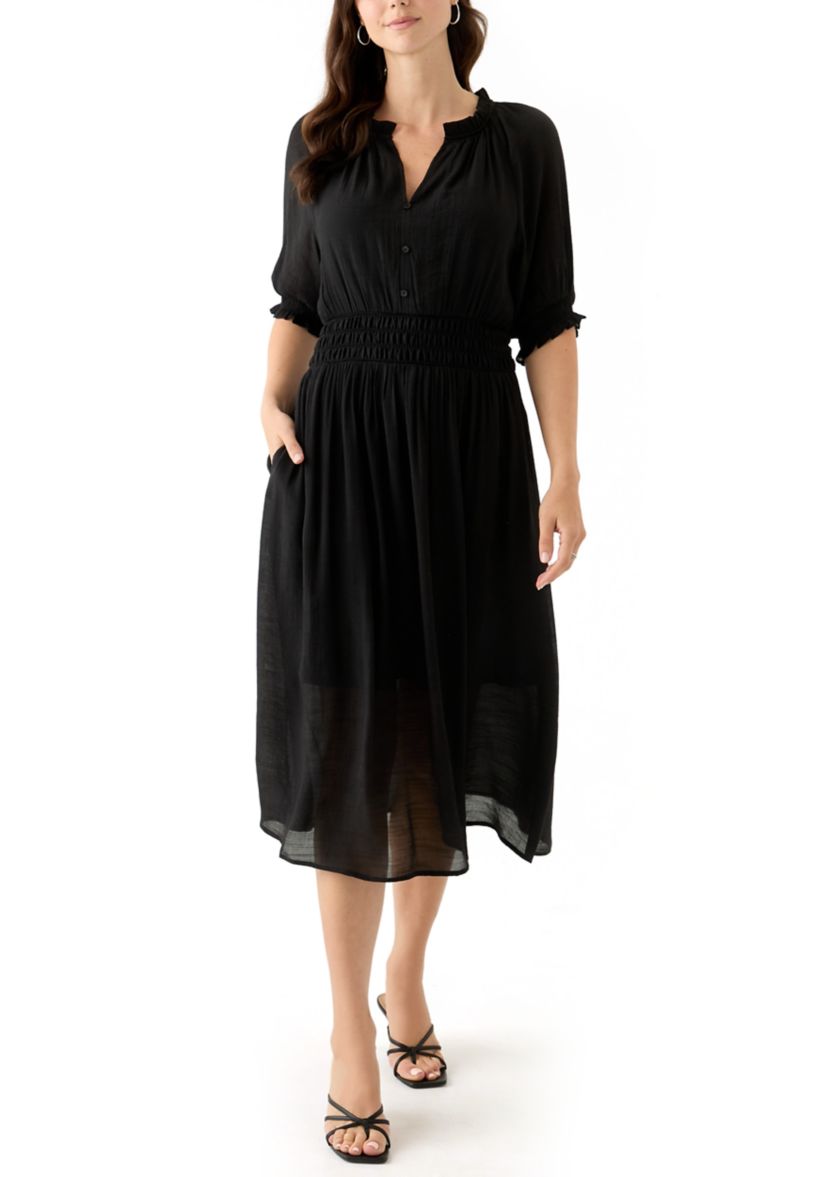 Womens Elbow Sleeve V-Neck Solid Midi Dress