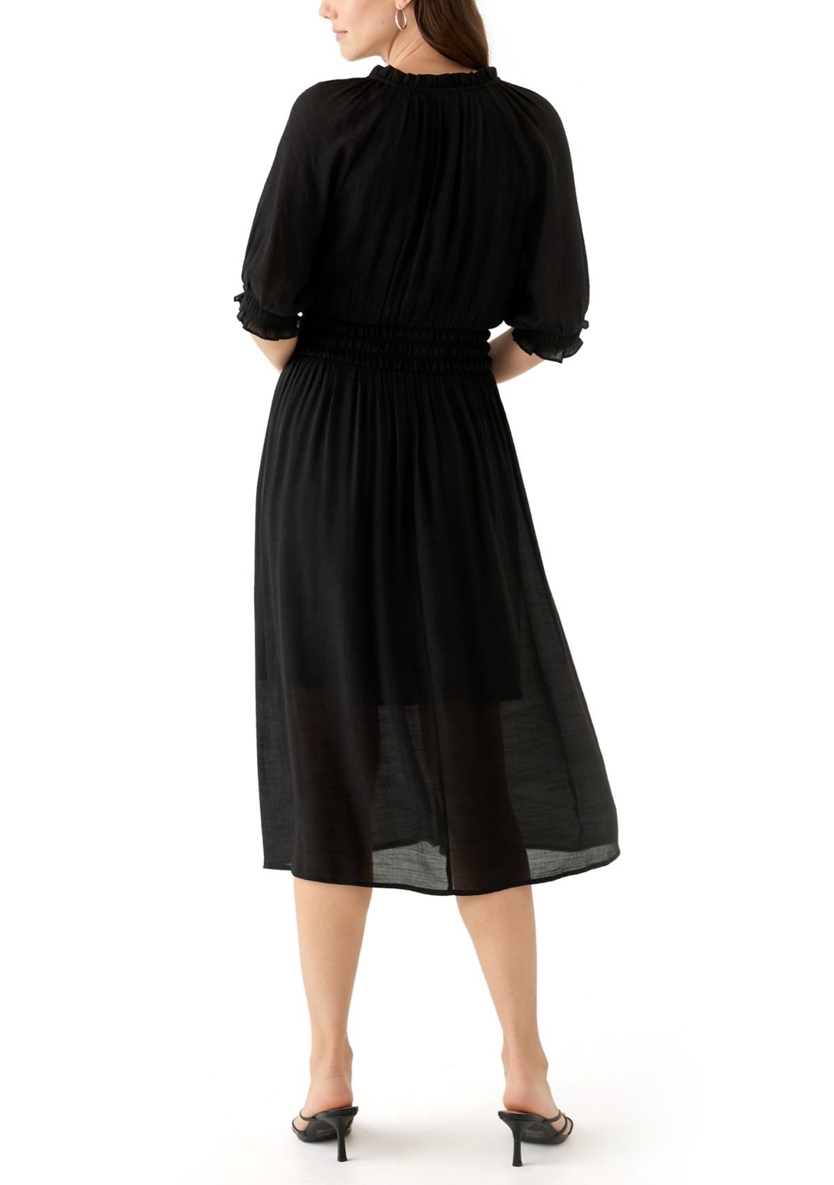 Womens Elbow Sleeve V-Neck Solid Midi Dress
