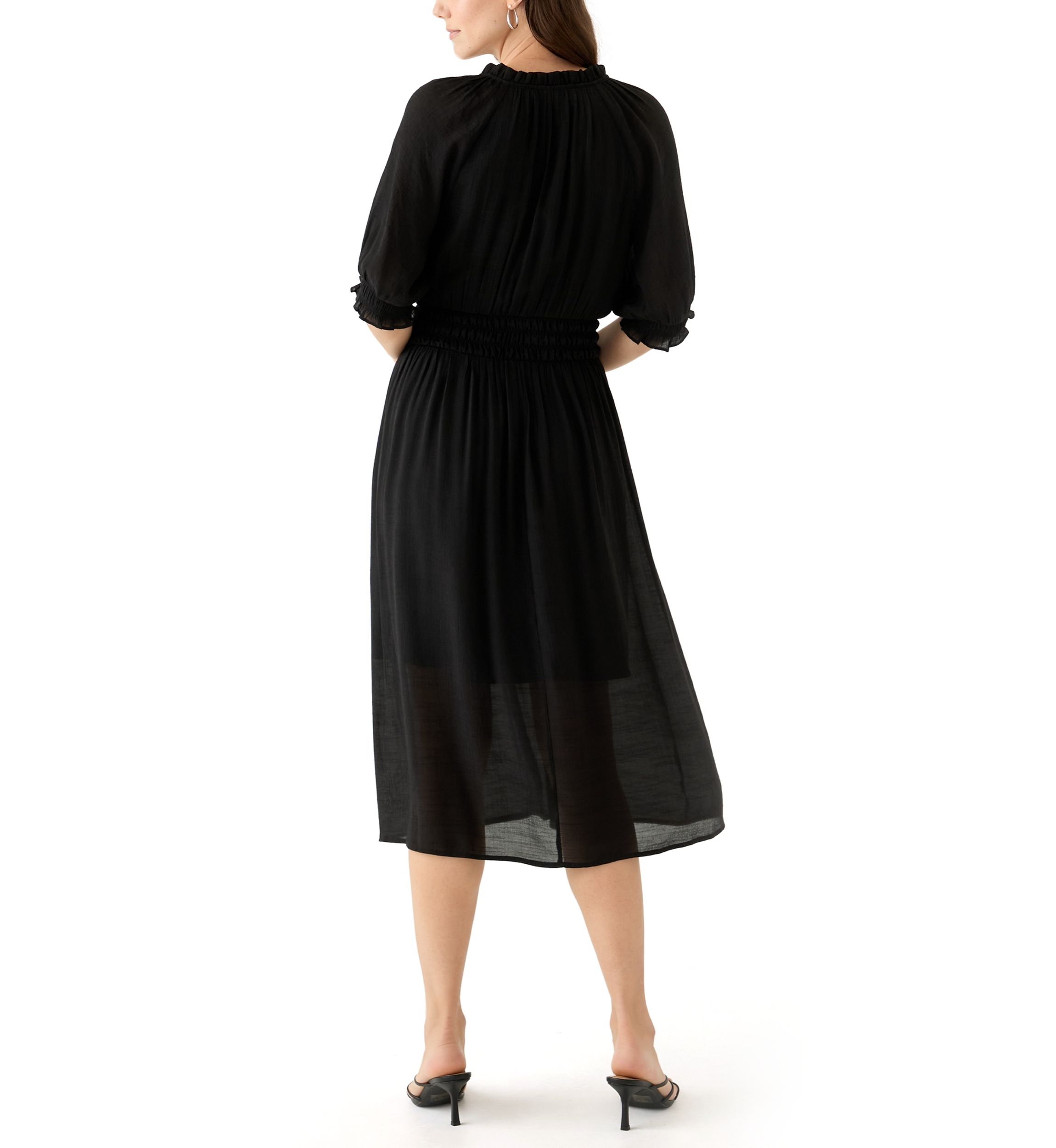 Womens Elbow Sleeve V-Neck Solid Midi Dress