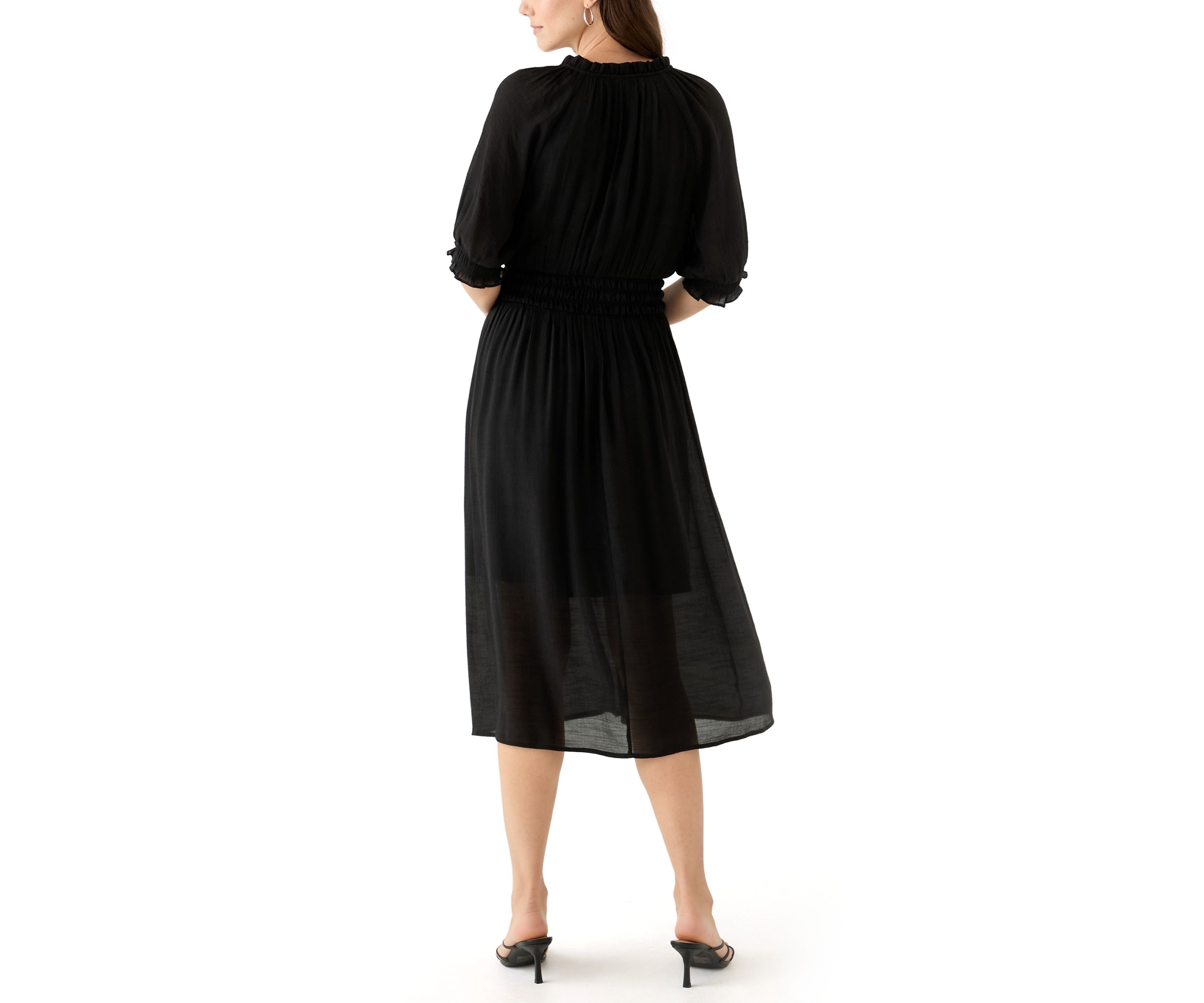 Womens Elbow Sleeve V-Neck Solid Midi Dress