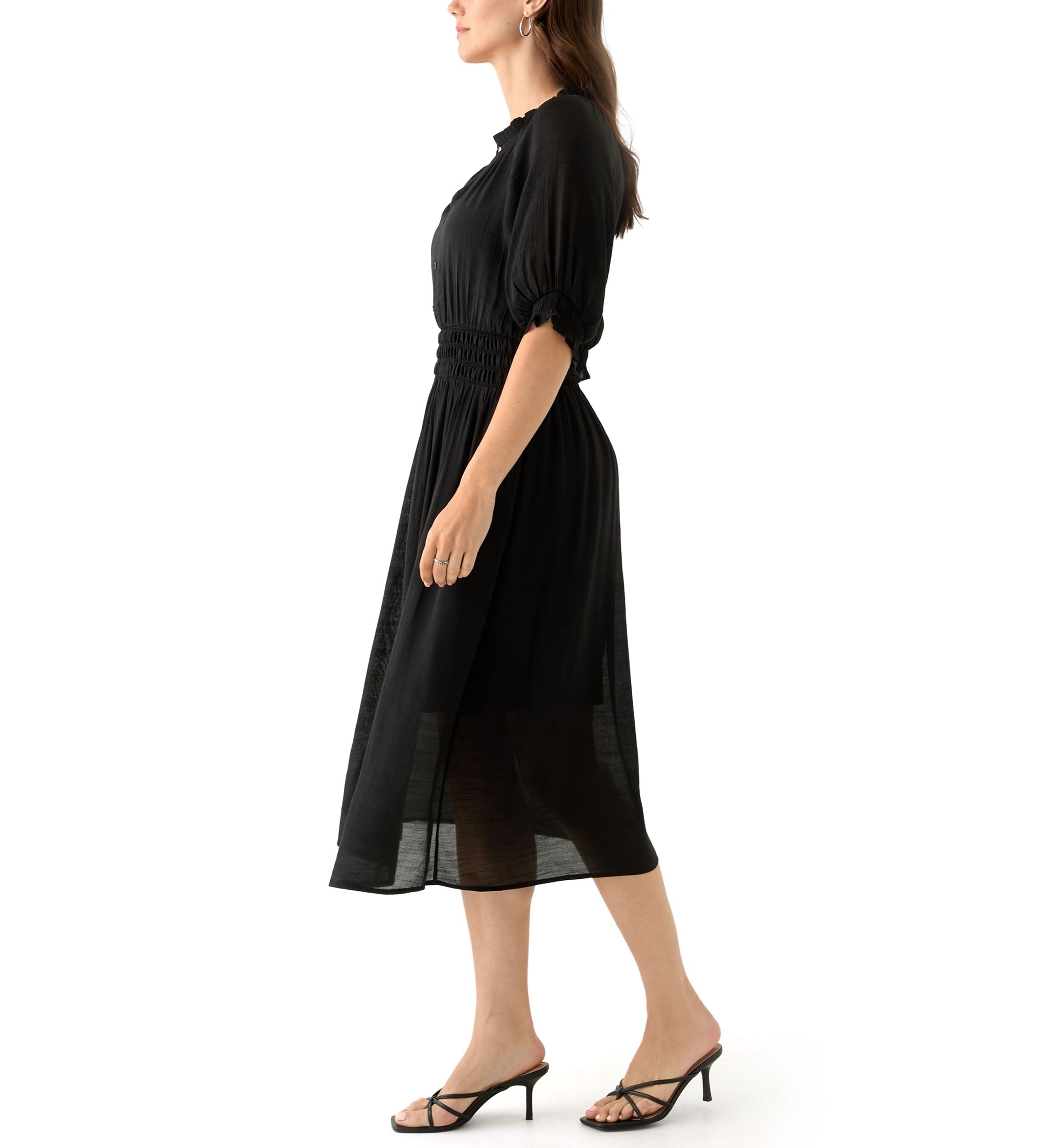 Womens Elbow Sleeve V-Neck Solid Midi Dress