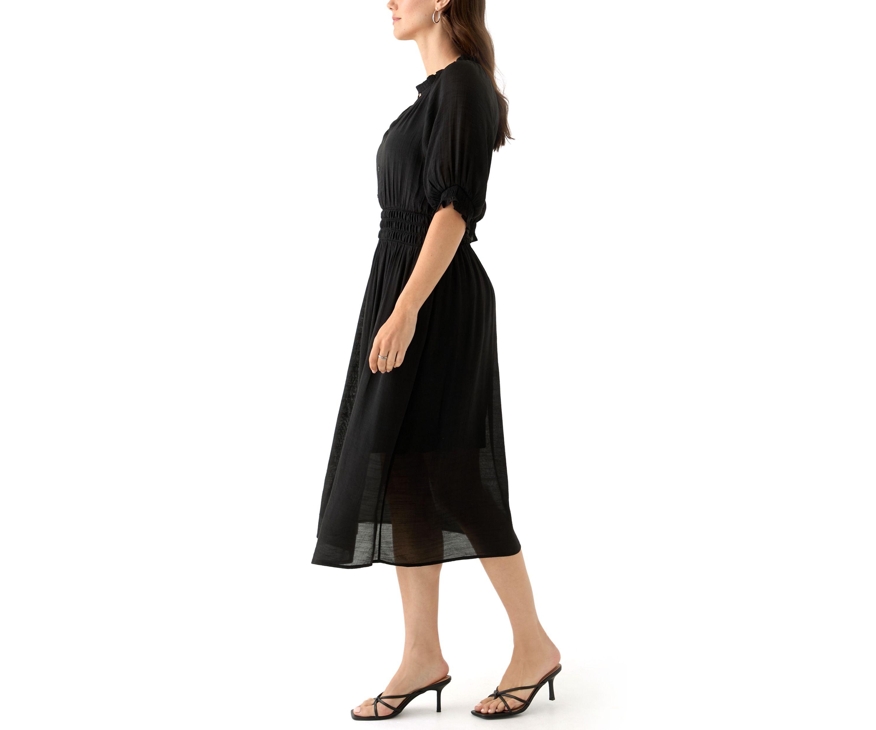 Womens Elbow Sleeve V-Neck Solid Midi Dress