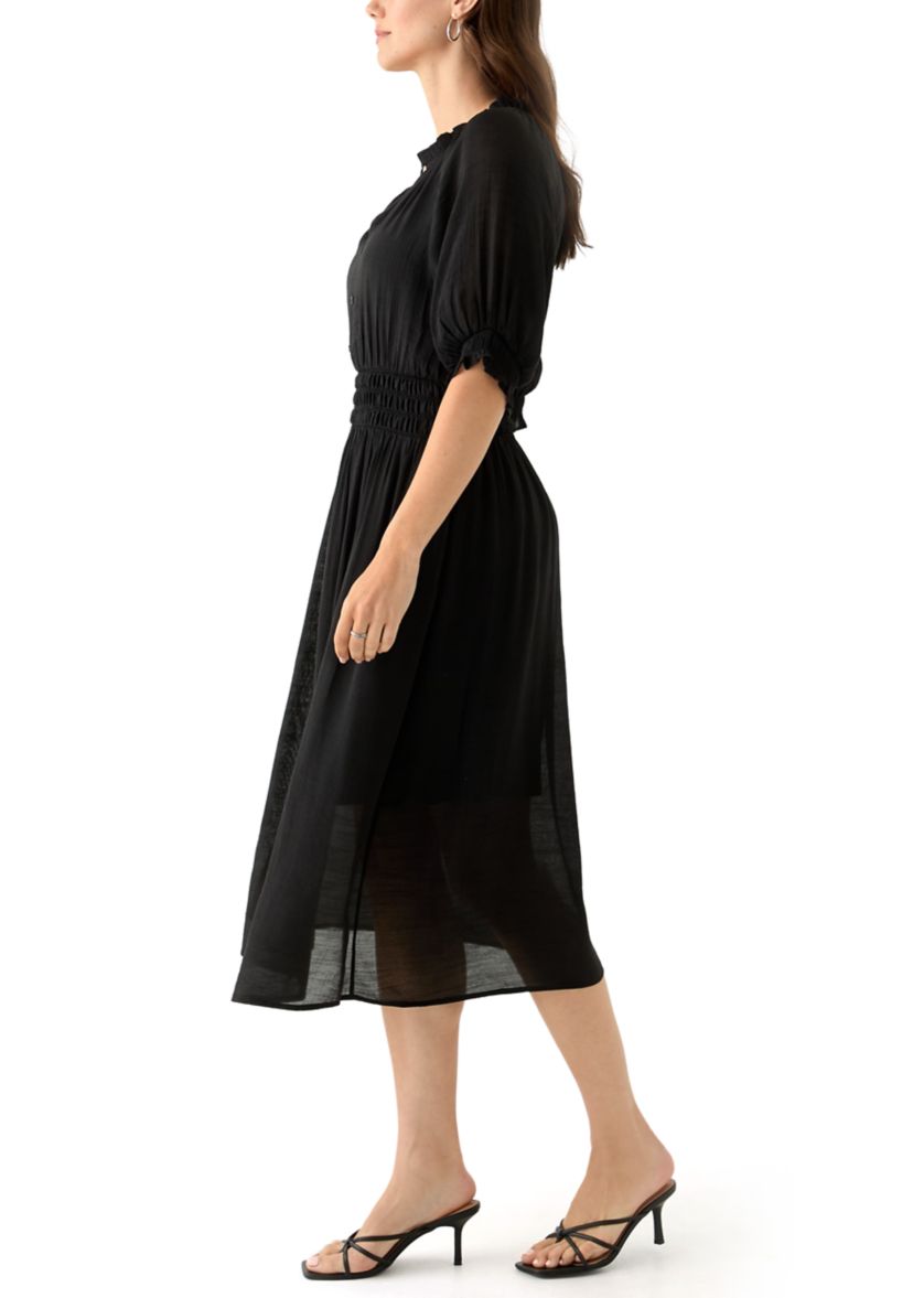 Womens Elbow Sleeve V-Neck Solid Midi Dress