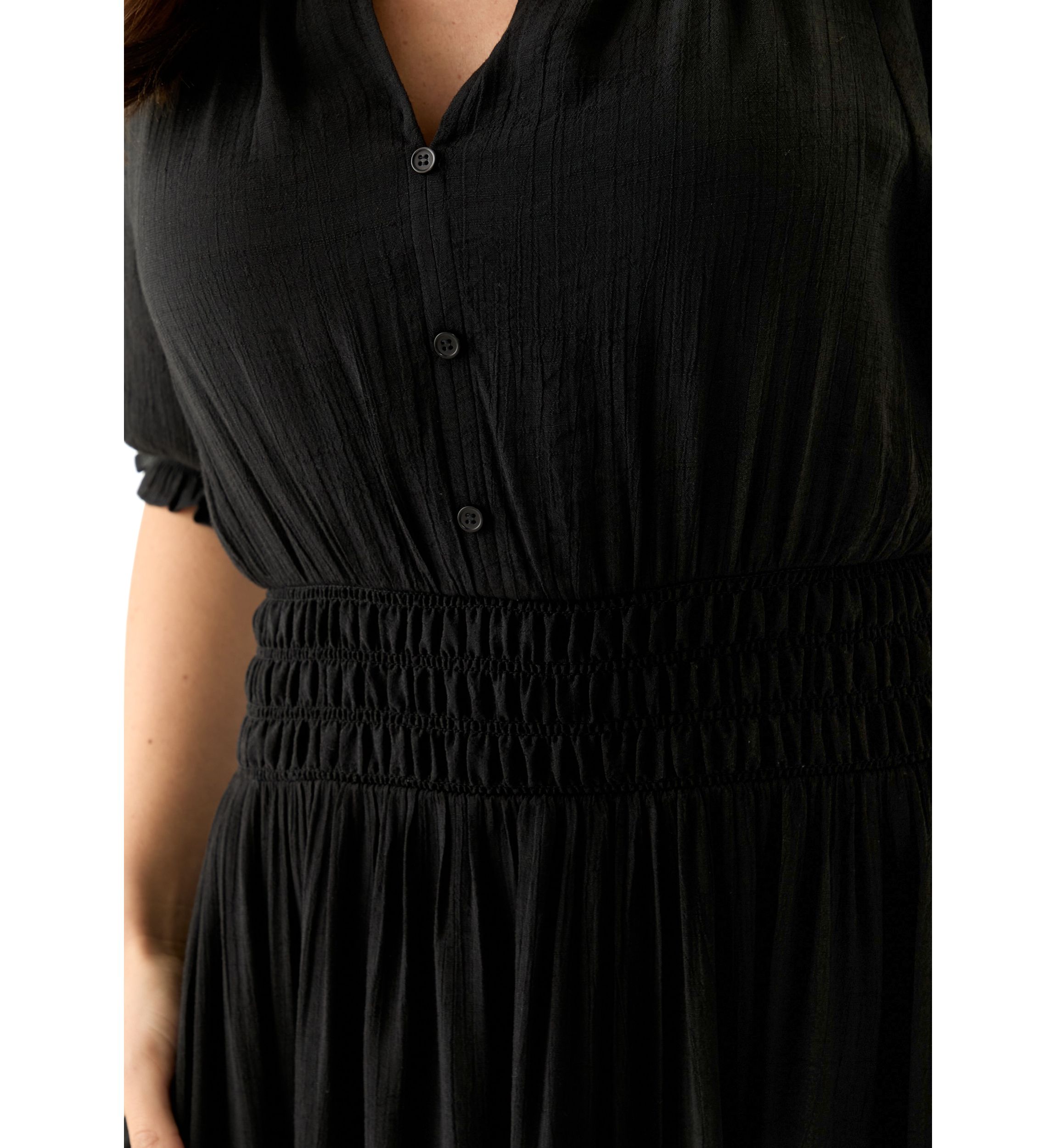 Womens Elbow Sleeve V-Neck Solid Midi Dress