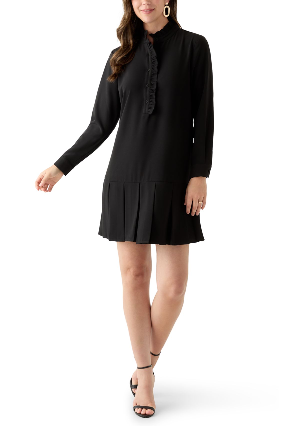 Womens Long Sleeve Mock Neck Solid Crepe A-Line Dress