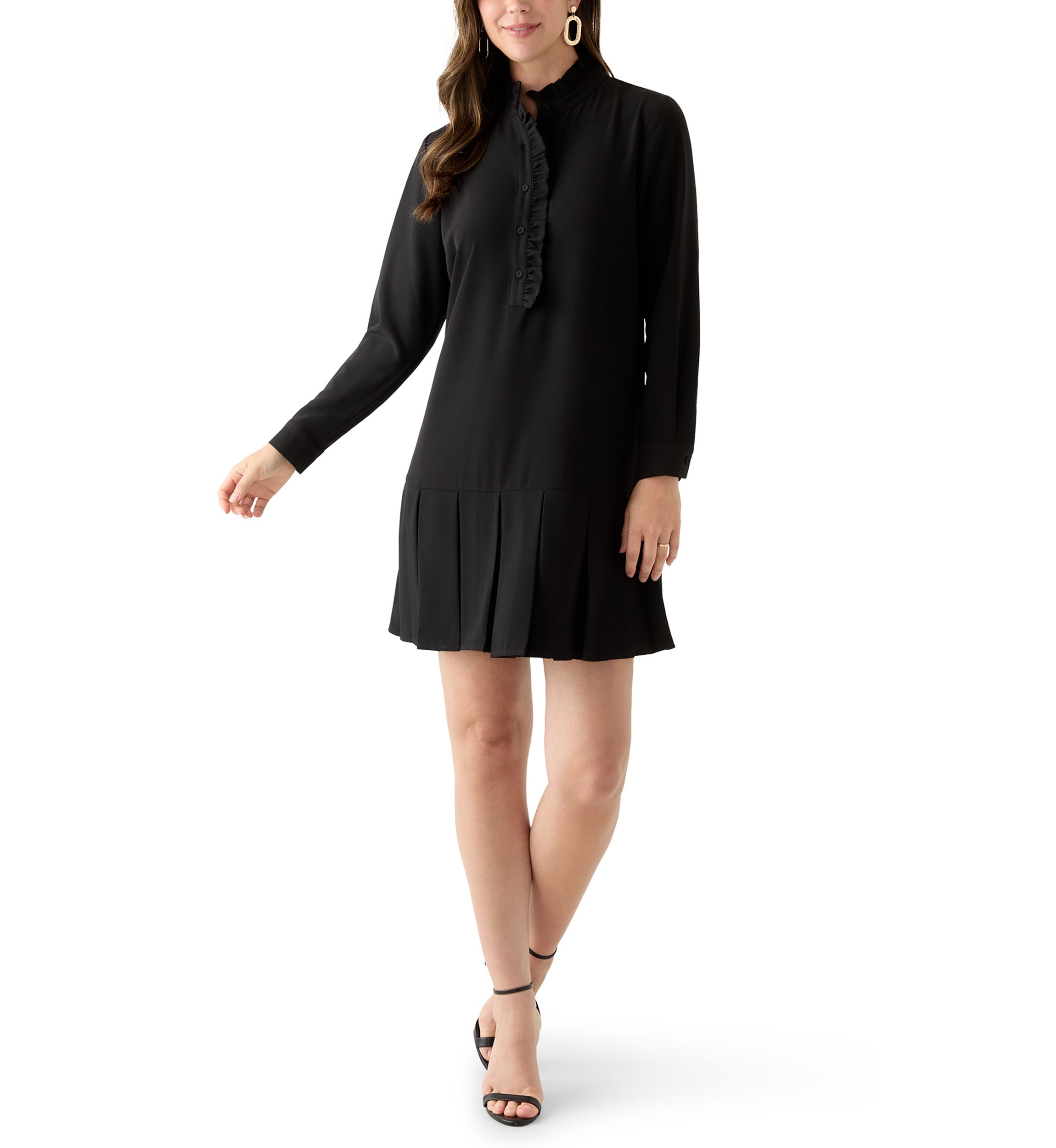 Womens Long Sleeve Mock Neck Solid Crepe A-Line Dress