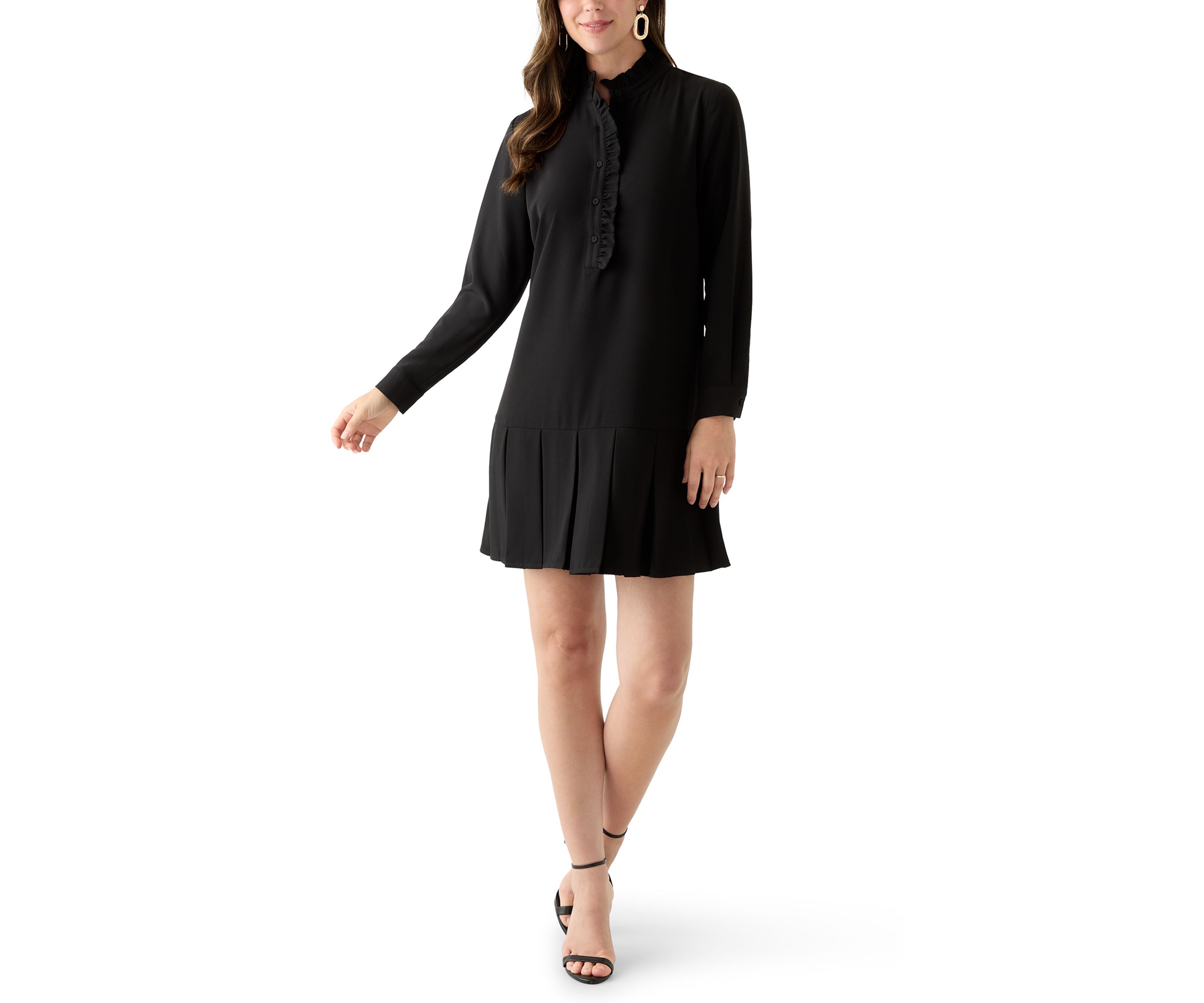 Womens Long Sleeve Mock Neck Solid Crepe A-Line Dress