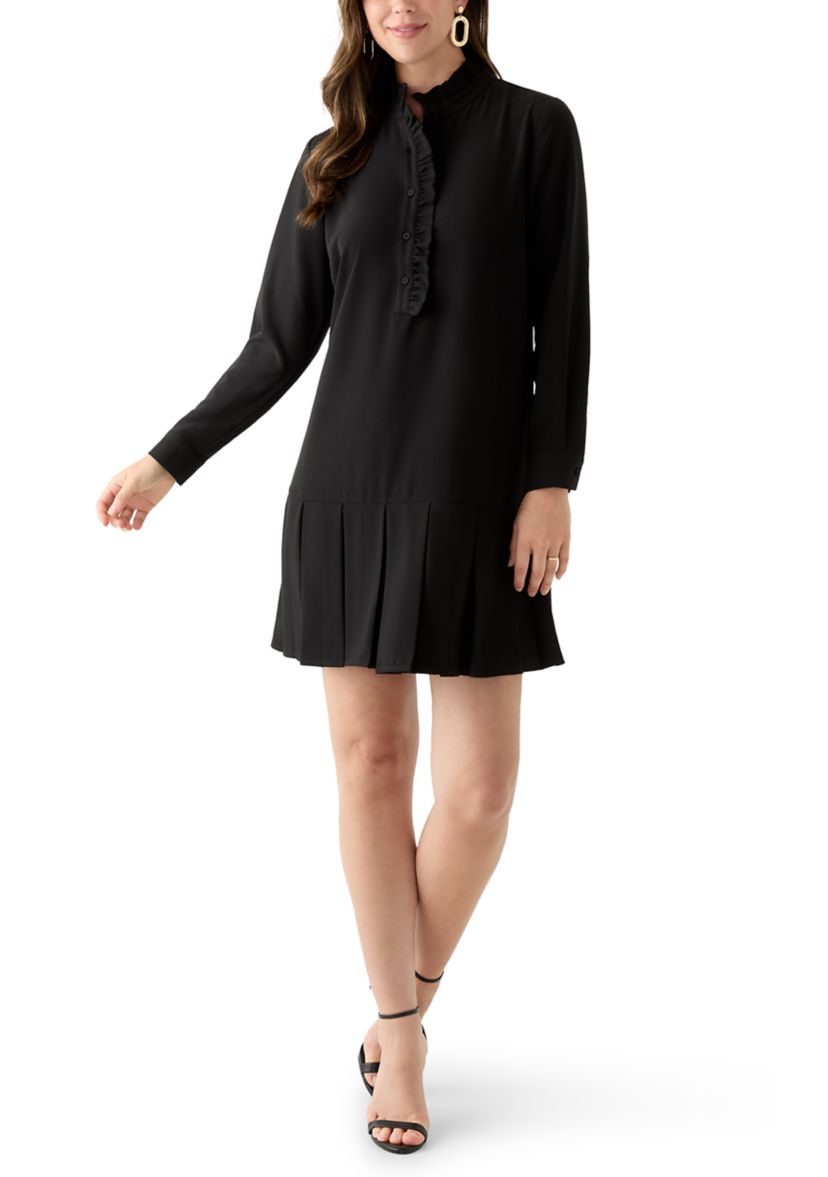 Womens Long Sleeve Mock Neck Solid Crepe A-Line Dress