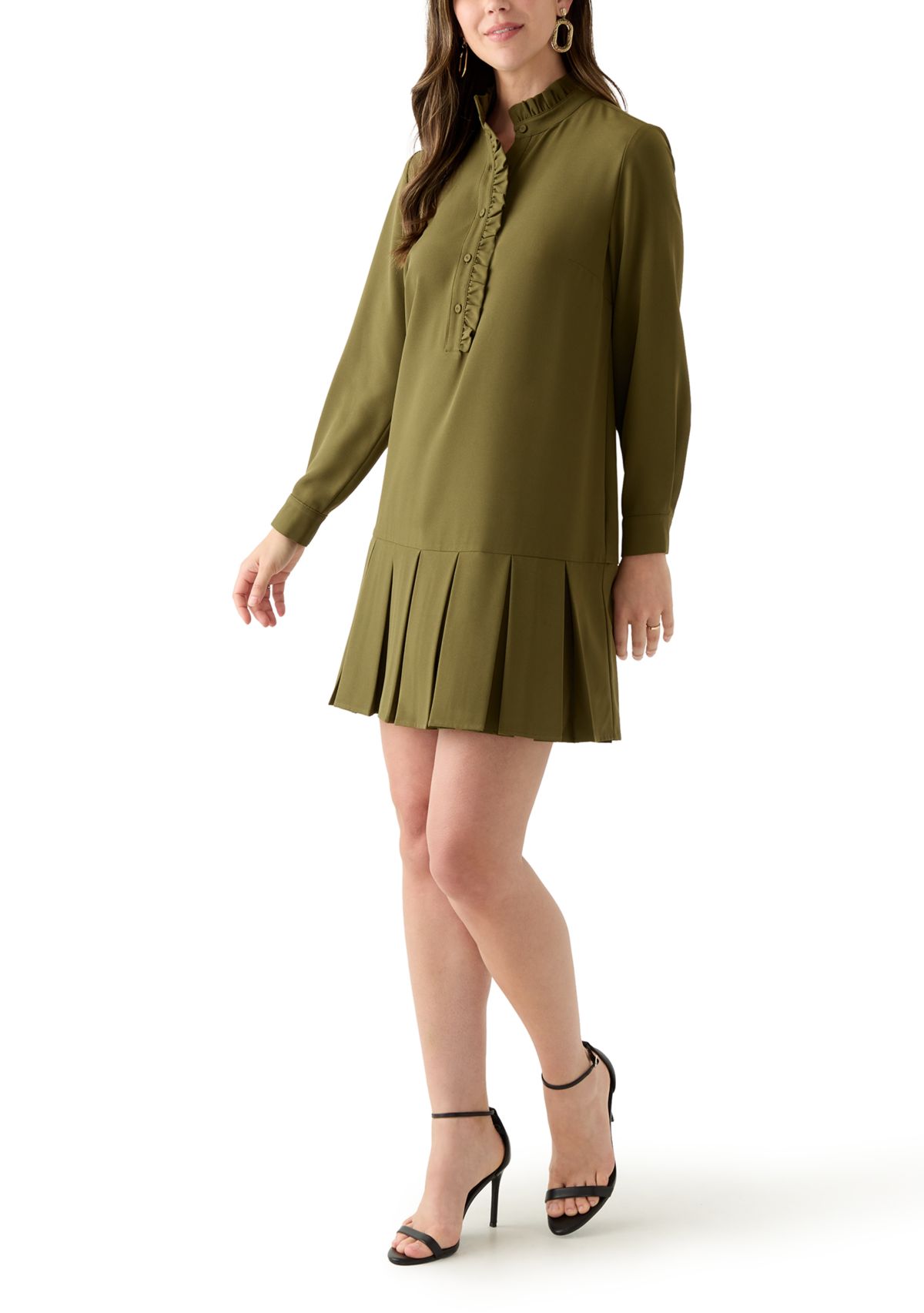 Womens Long Sleeve Mock Neck Solid Crepe A-Line Dress