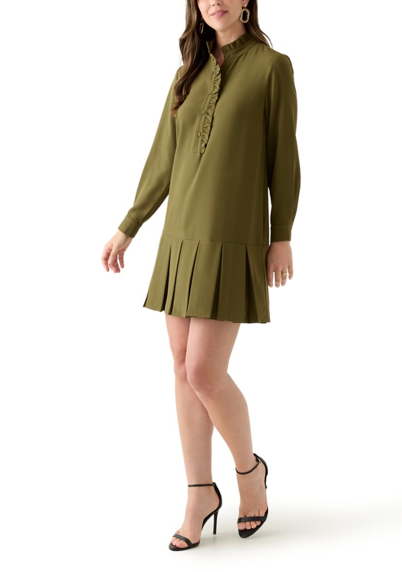 Womens Long Sleeve Mock Neck Solid Crepe A-Line Dress