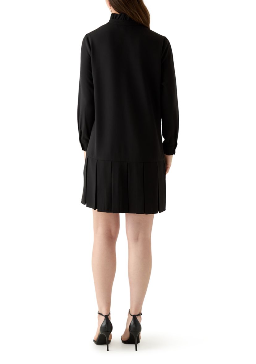 Womens Long Sleeve Mock Neck Solid Crepe A-Line Dress