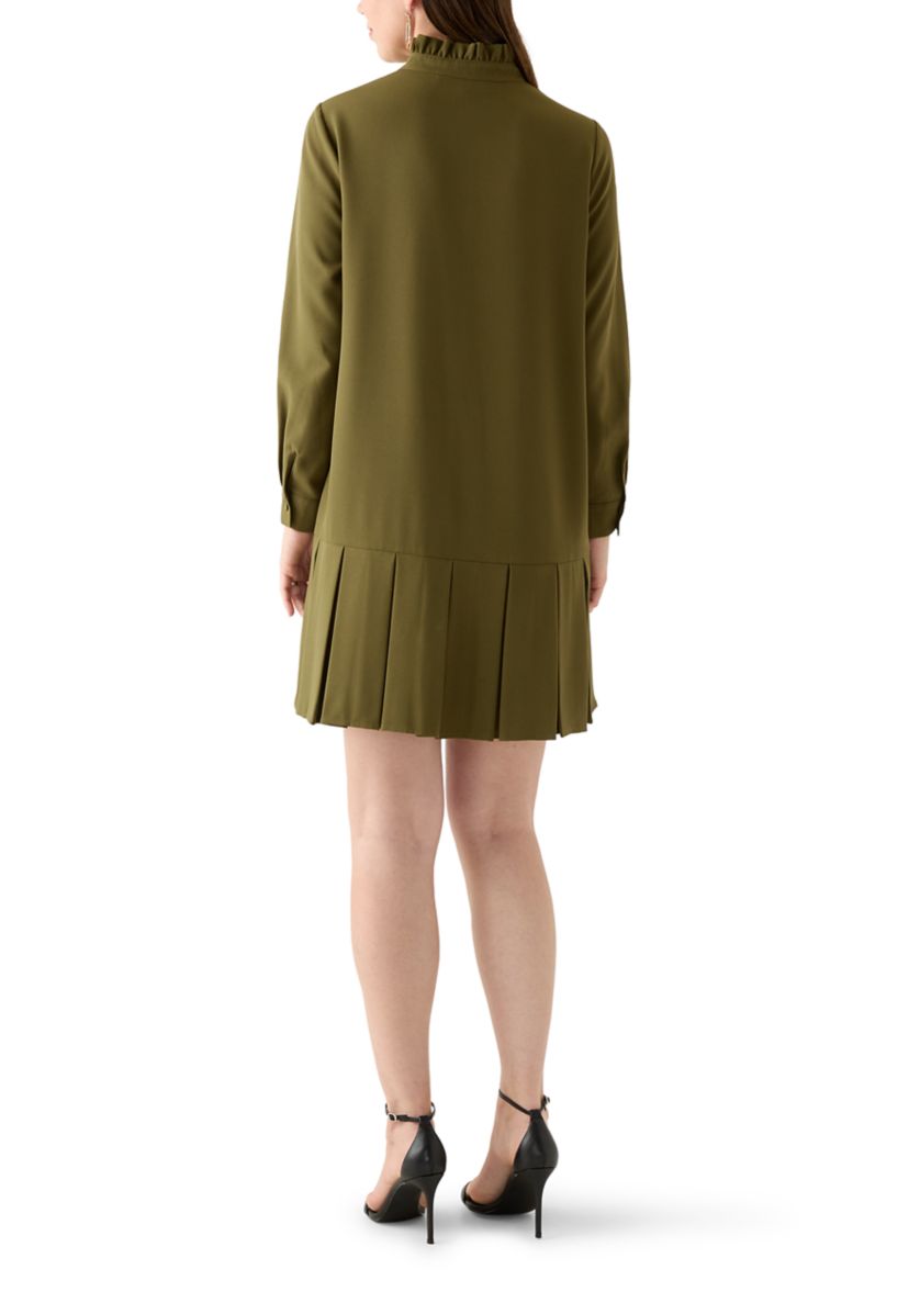Womens Long Sleeve Mock Neck Solid Crepe A-Line Dress