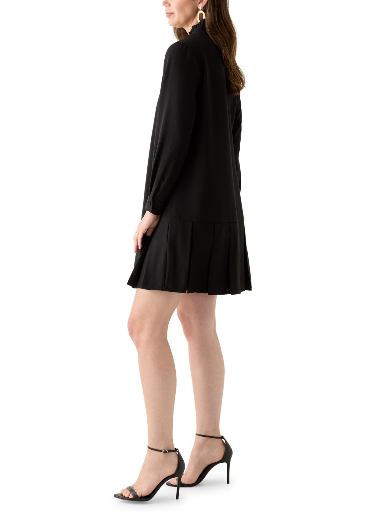 Womens Long Sleeve Mock Neck Solid Crepe A-Line Dress