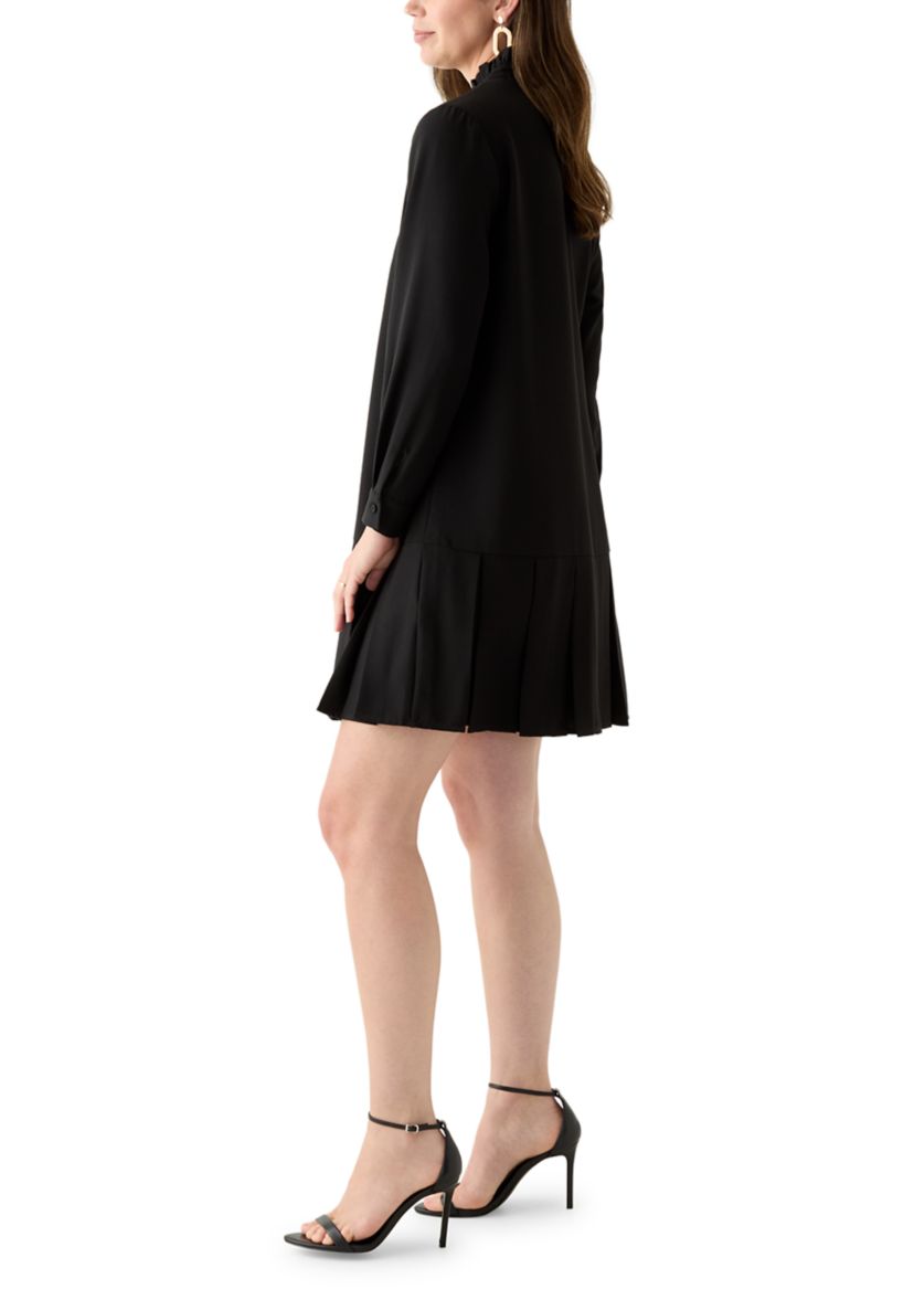 Womens Long Sleeve Mock Neck Solid Crepe A-Line Dress