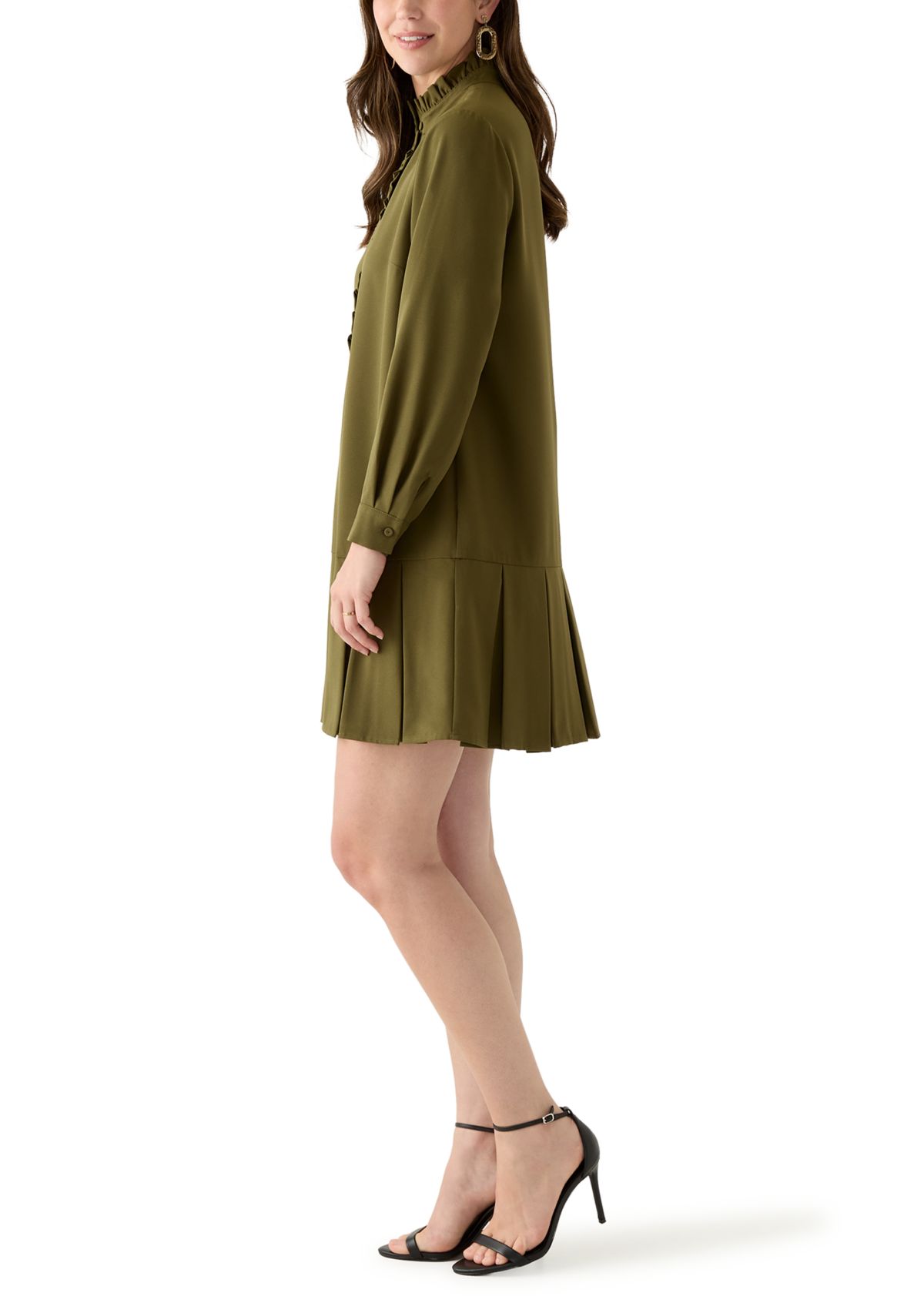 Womens Long Sleeve Mock Neck Solid Crepe A-Line Dress
