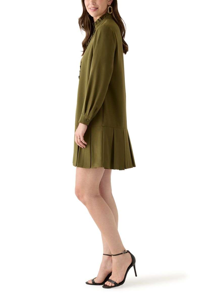 Womens Long Sleeve Mock Neck Solid Crepe A-Line Dress