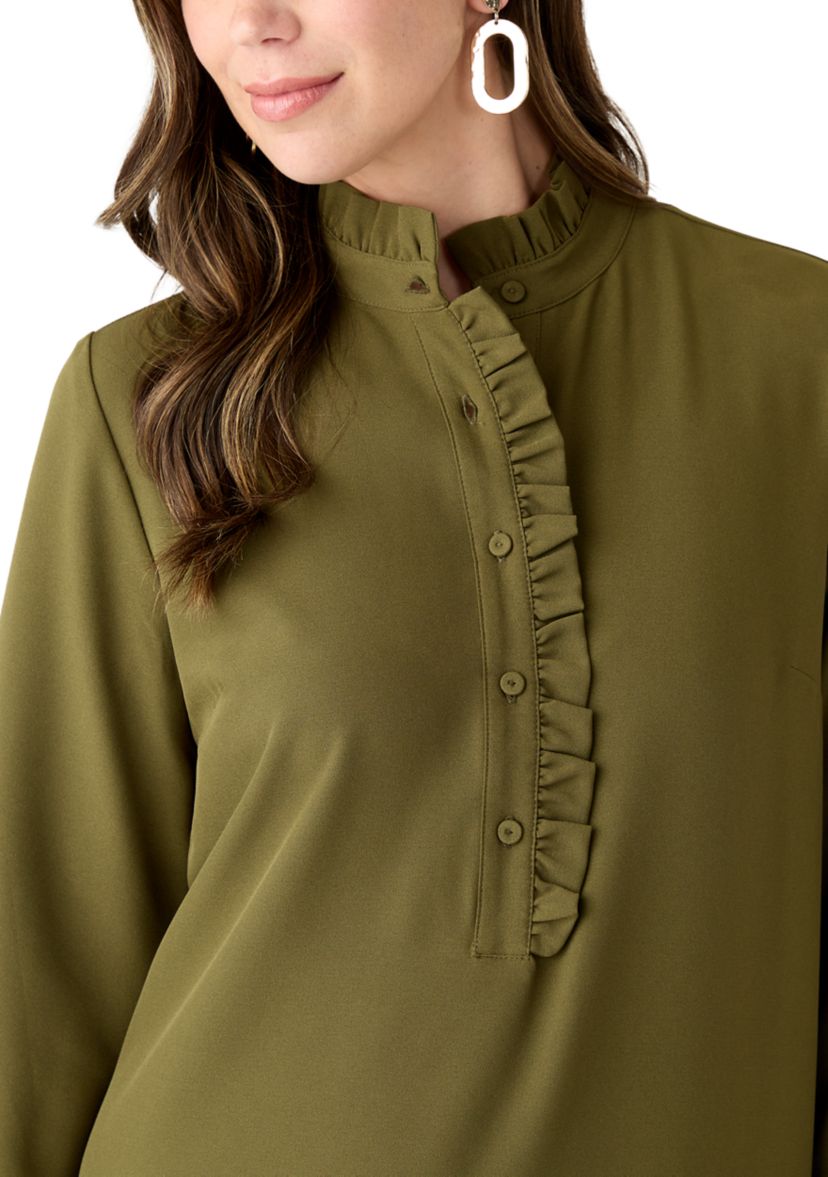 Womens Long Sleeve Mock Neck Solid Crepe A-Line Dress