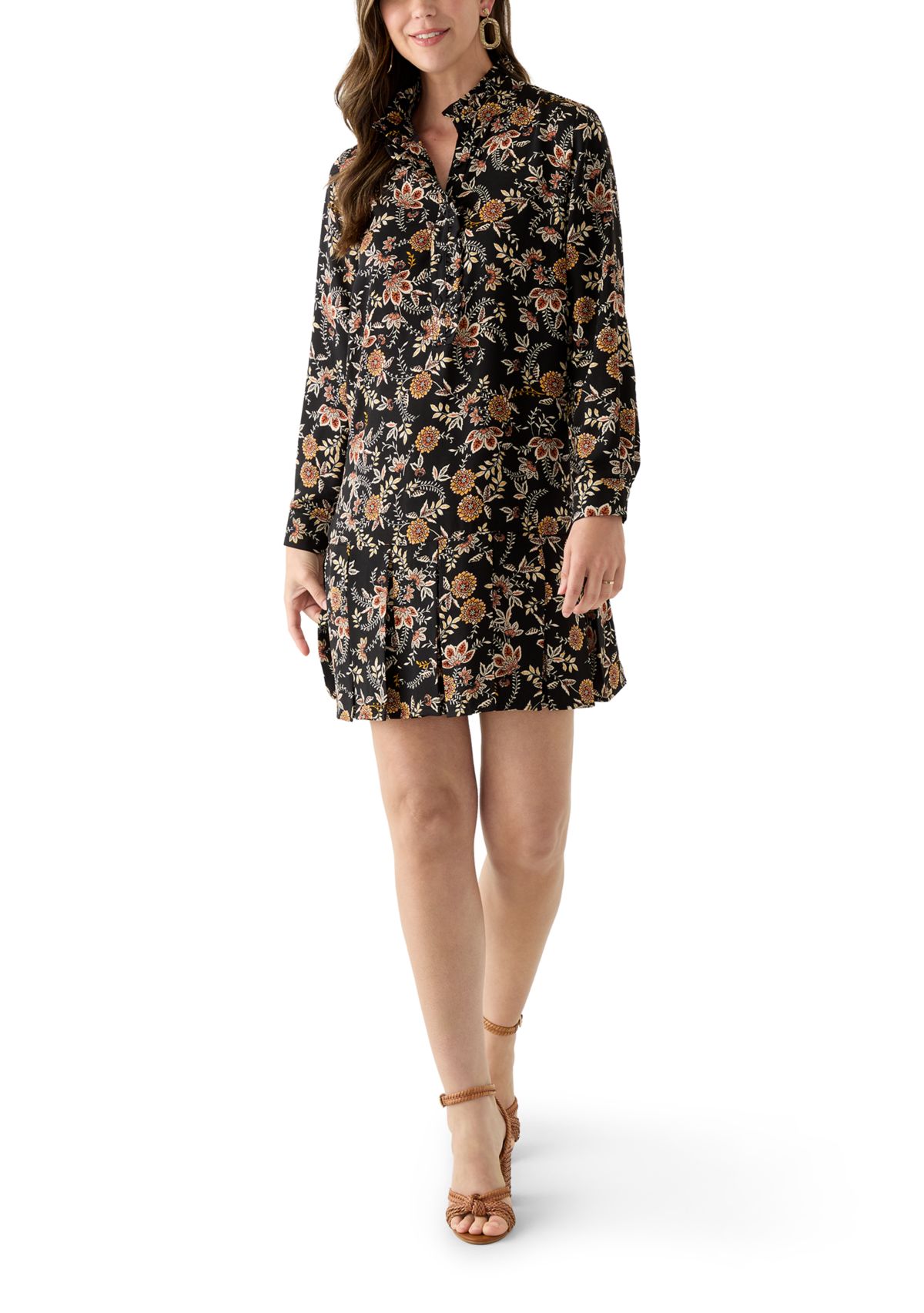 Womens Long Sleeve Floral Ruffle Neck Mini Babydoll Dress