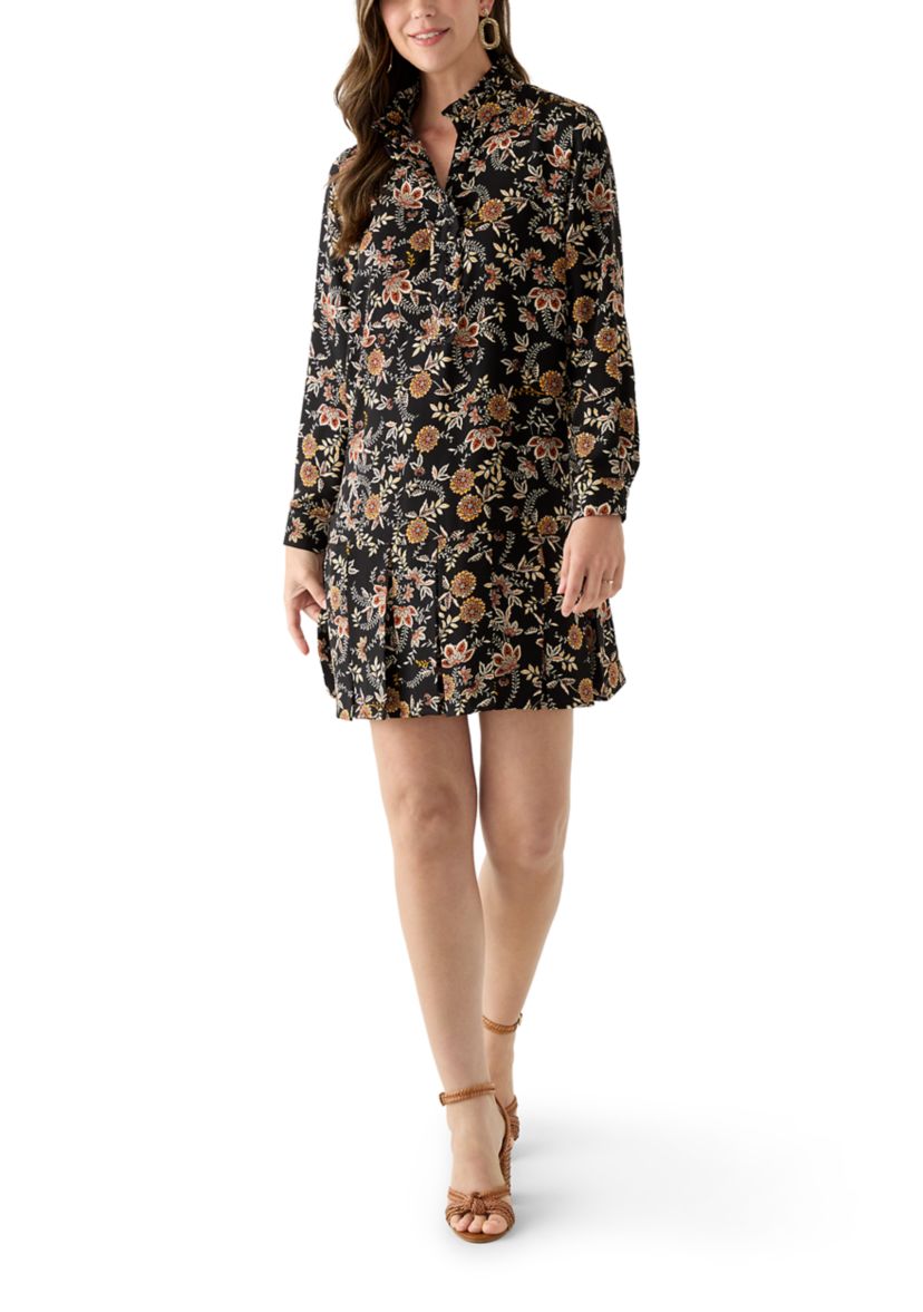 Womens Long Sleeve Floral Ruffle Neck Mini Babydoll Dress