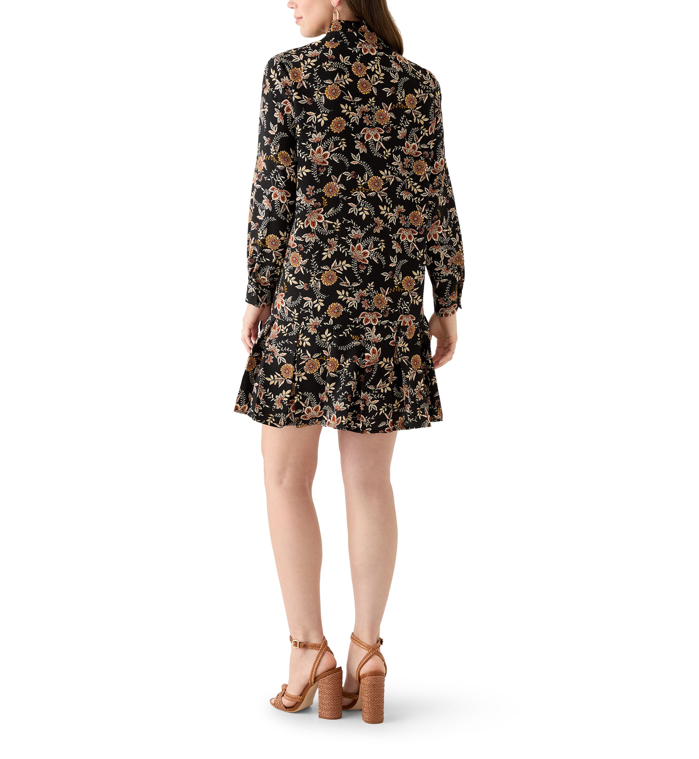 Womens Long Sleeve Floral Ruffle Neck Mini Babydoll Dress