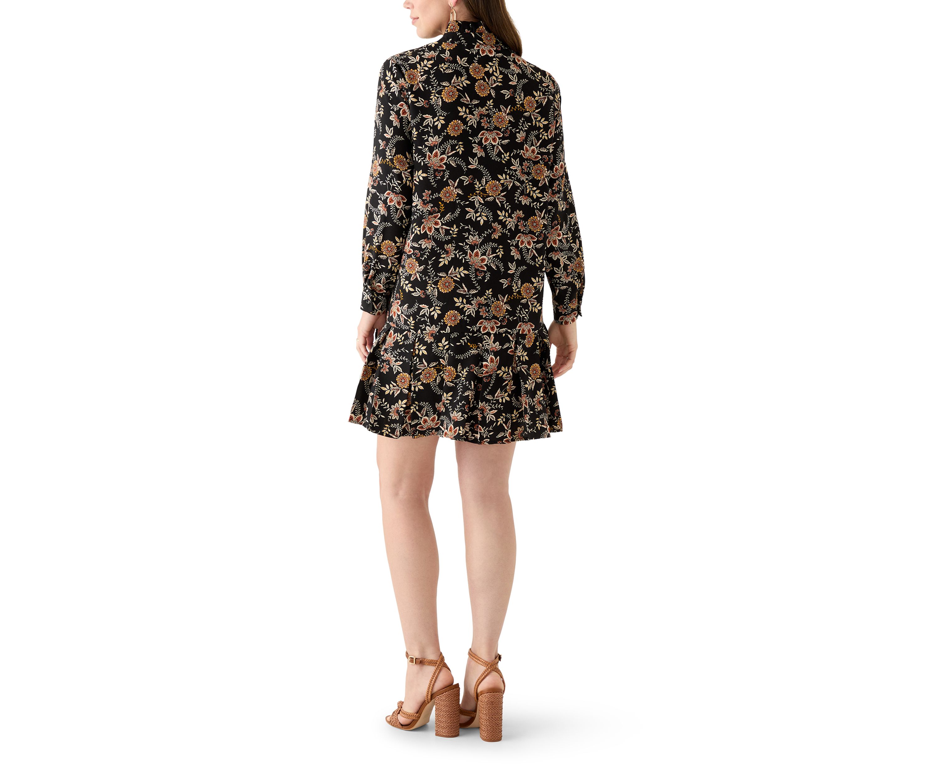 Womens Long Sleeve Floral Ruffle Neck Mini Babydoll Dress