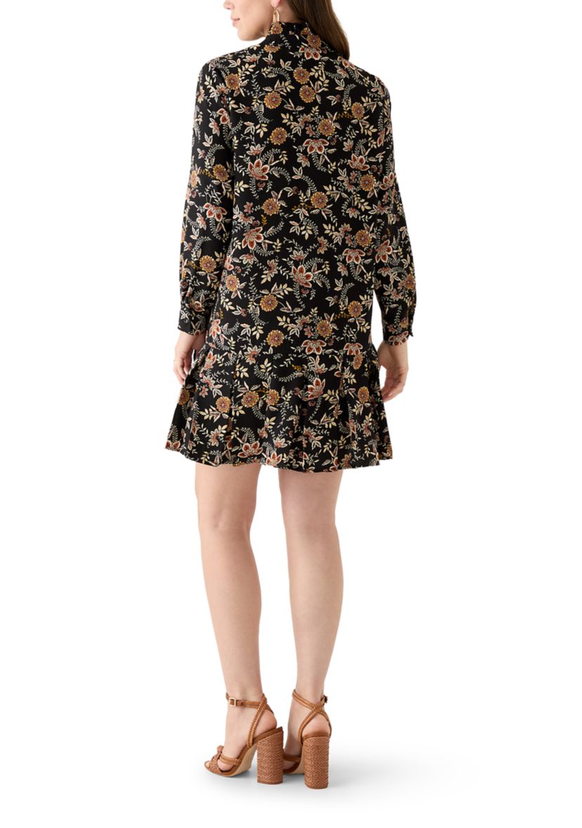 Womens Long Sleeve Floral Ruffle Neck Mini Babydoll Dress